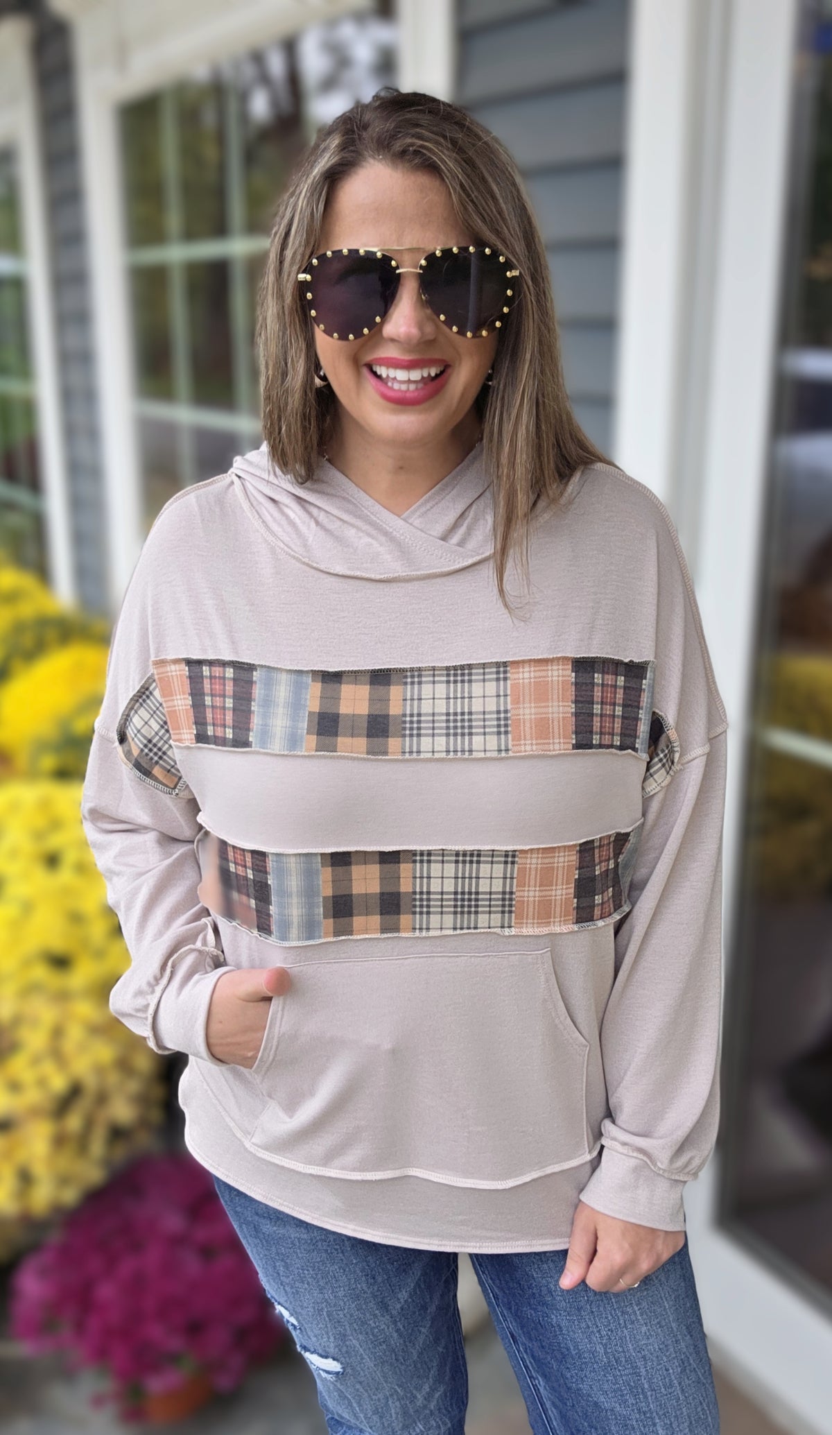 TAUPE PATCHWORK LIGHT WEIGHT FRENCH TERRY HOODIE