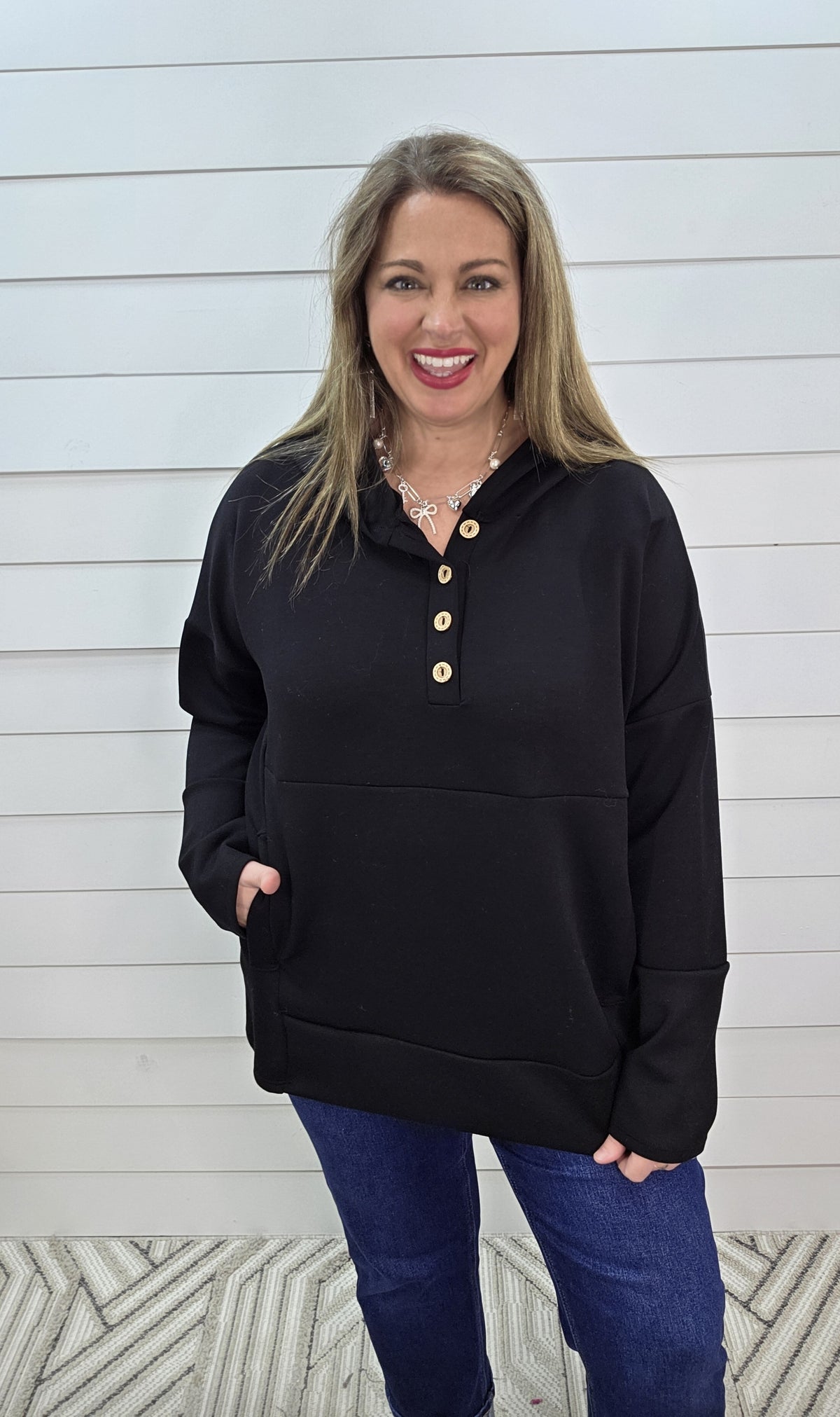 BLACK OVERSIZED SCUBA HOODED HENLEY TOP