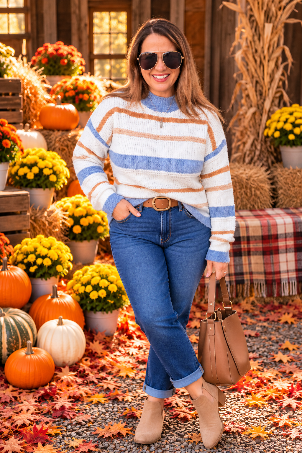 KHAKI/BLUE/CREAM OVERSIZED STRIPED KNIT SWEATER