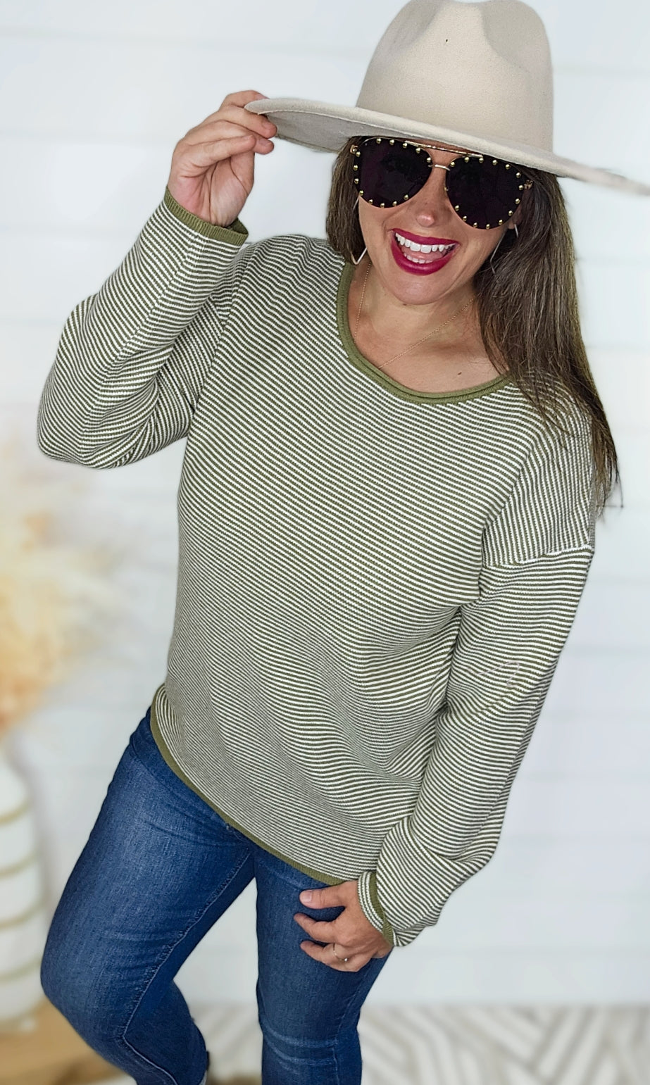 SAGE WAFFLE TEXTURED STRIPED PULL OVER SWEATER