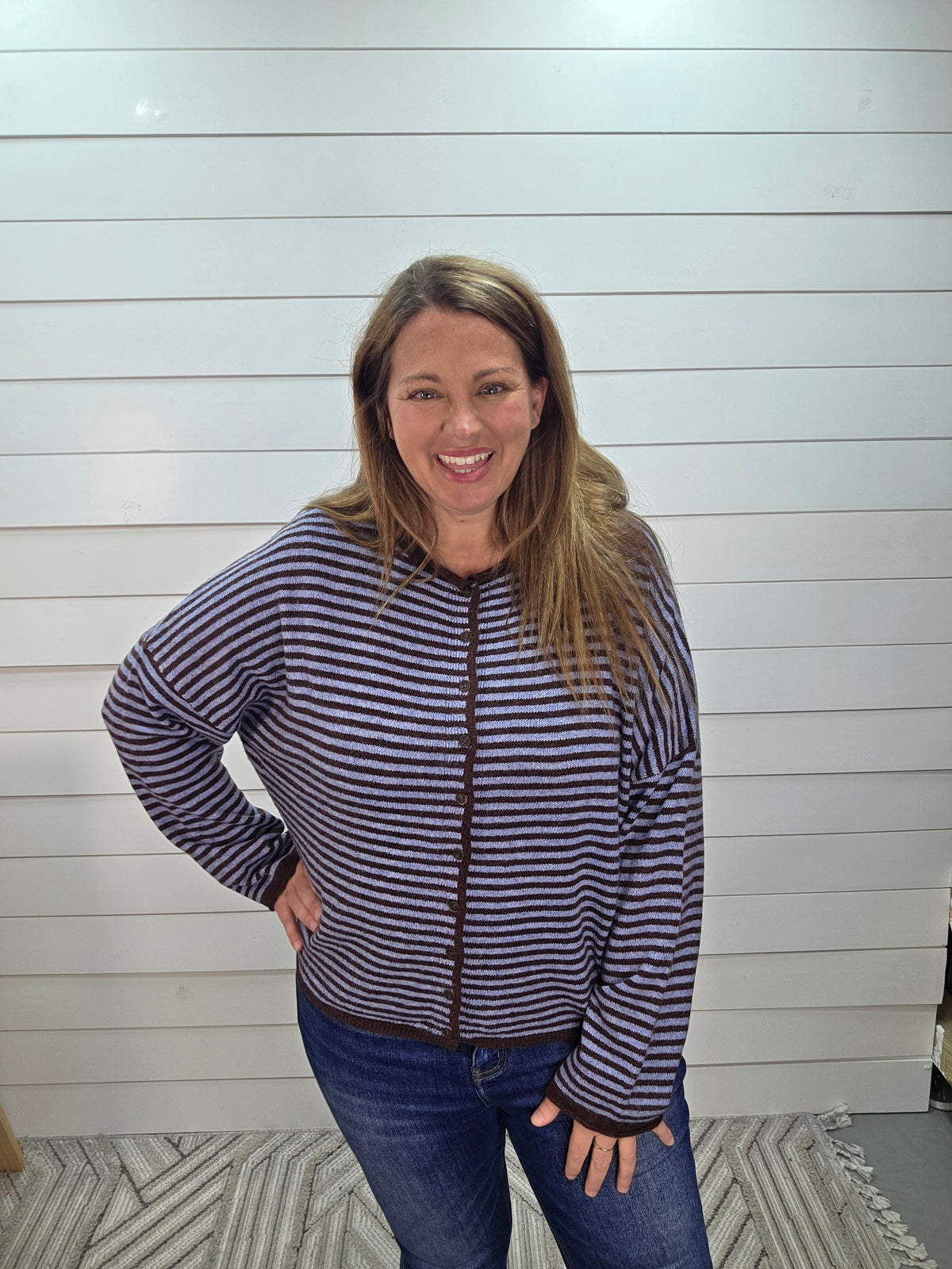 BLUE/BROWN STRIPED FULL BUTTON CARDIGAN/SWEATER