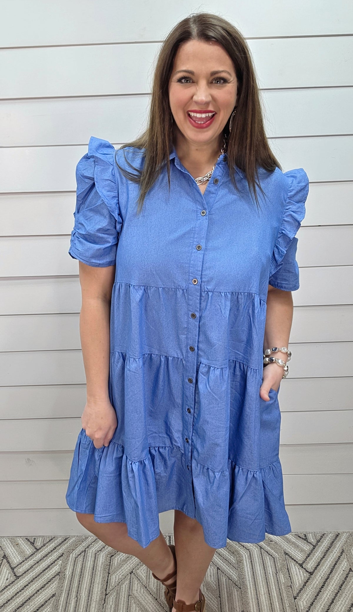 CHAMBRAY BUTTON DOWN FRILLED SHORT SLEEVE WOVEN DRESS