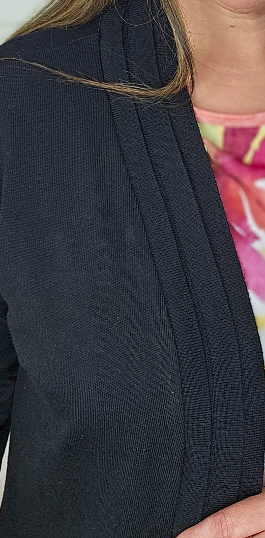 BLACK 3/4 SLEEVE OPEN KNIT CARDIGAN