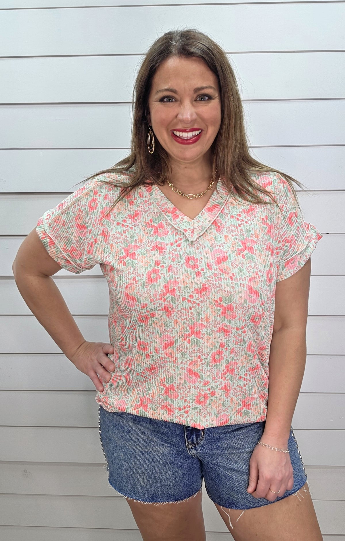MINT/CORAL FLORAL RAISED RIBBED V NECK KNIT TOP