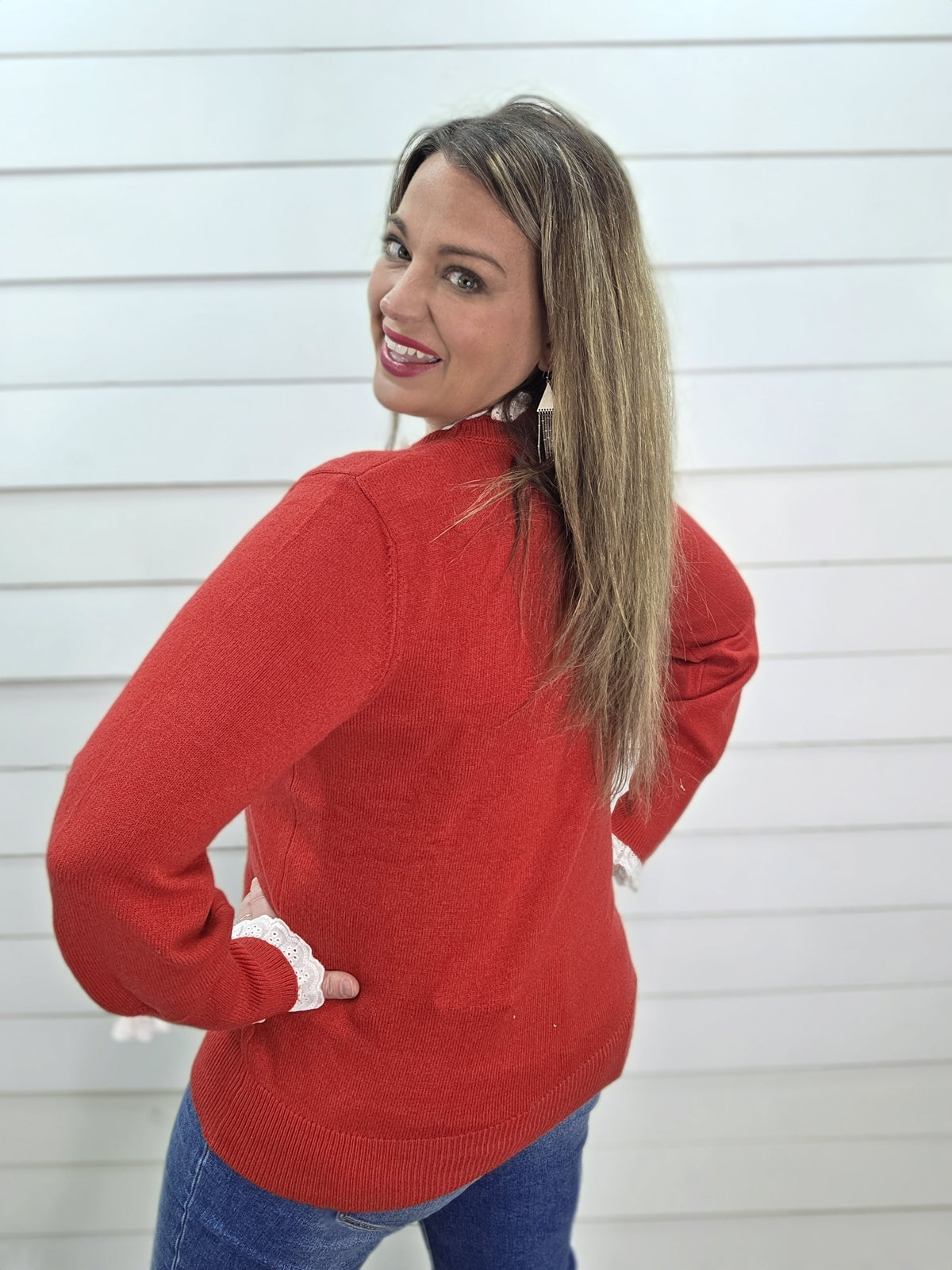 RED LACE TRIM SOFT PULLOVER SWEATER