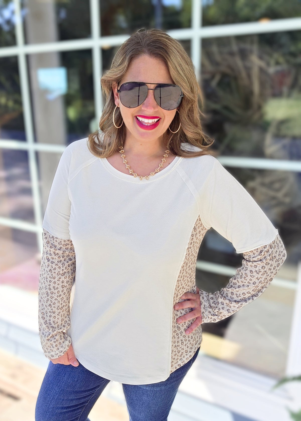 CREAM/ANIMAL CONTRAST KNIT TOP