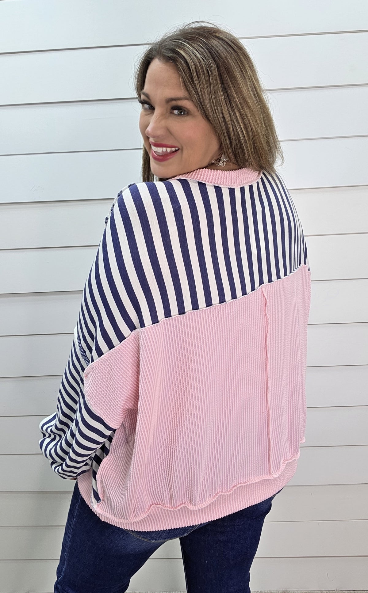 NAVY STRIPED OVERSIZED TOP W/ PINK RAISED RIBBED TRIM