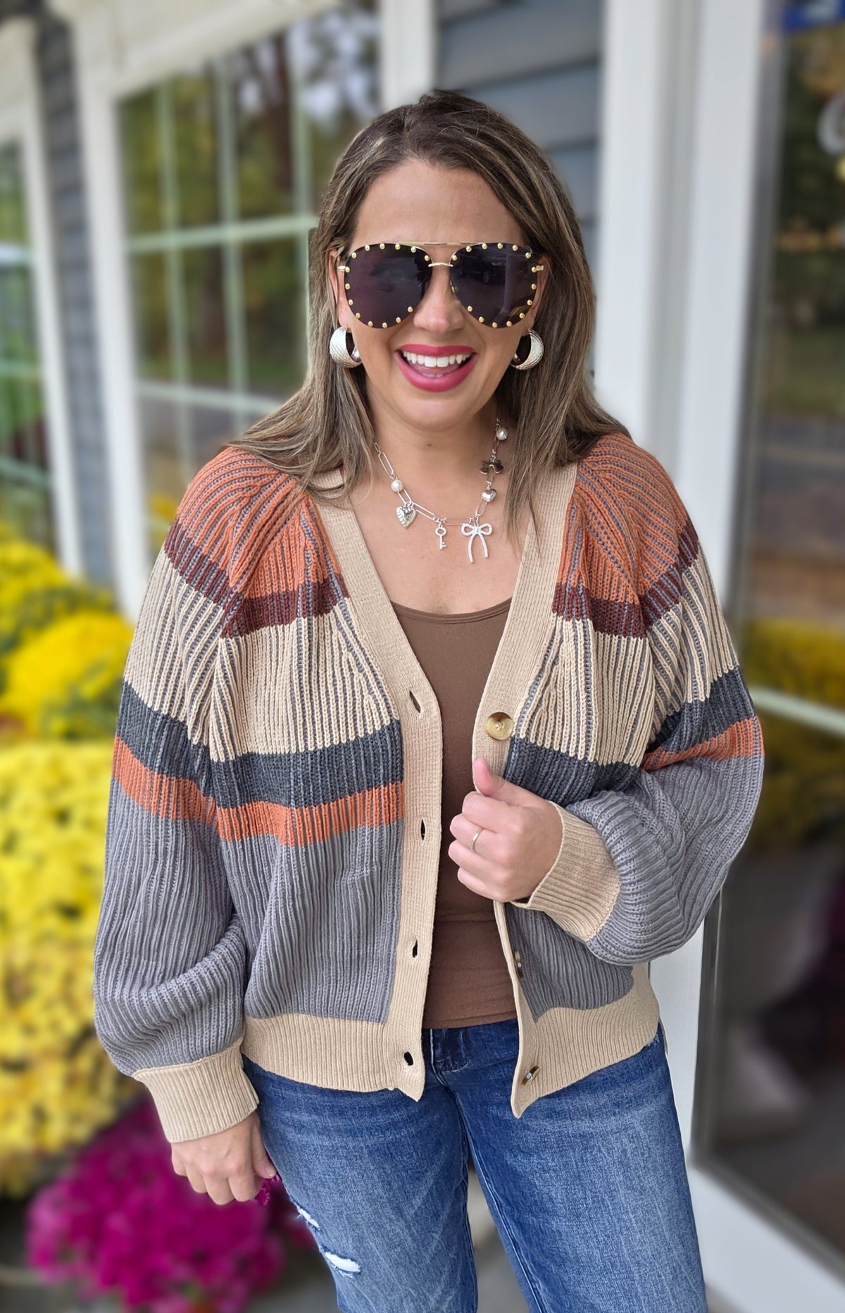 TAUPE/RUST/CHARCOAL V NECK BUTTON CARDIGAN/SWEATER