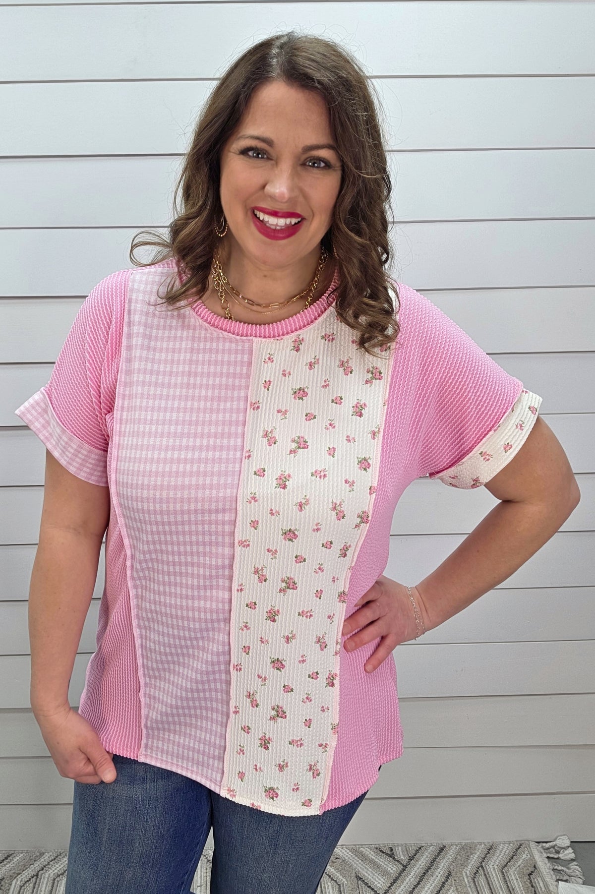 PINK RAISED RIBBED/GINGHAM/FLORAL COLORBLOCK KNIT TOP