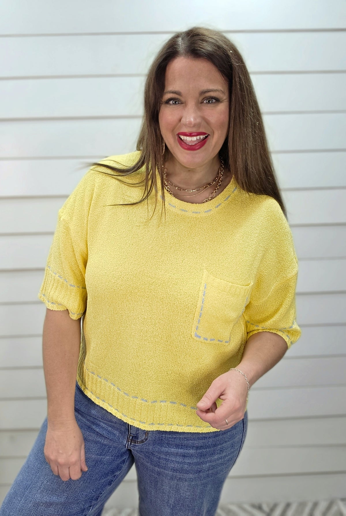 BUTTER YELLOW/ BLUE TRIM SHORT SLEEVE KNIT LIGHT WEIGHT SWEATER
