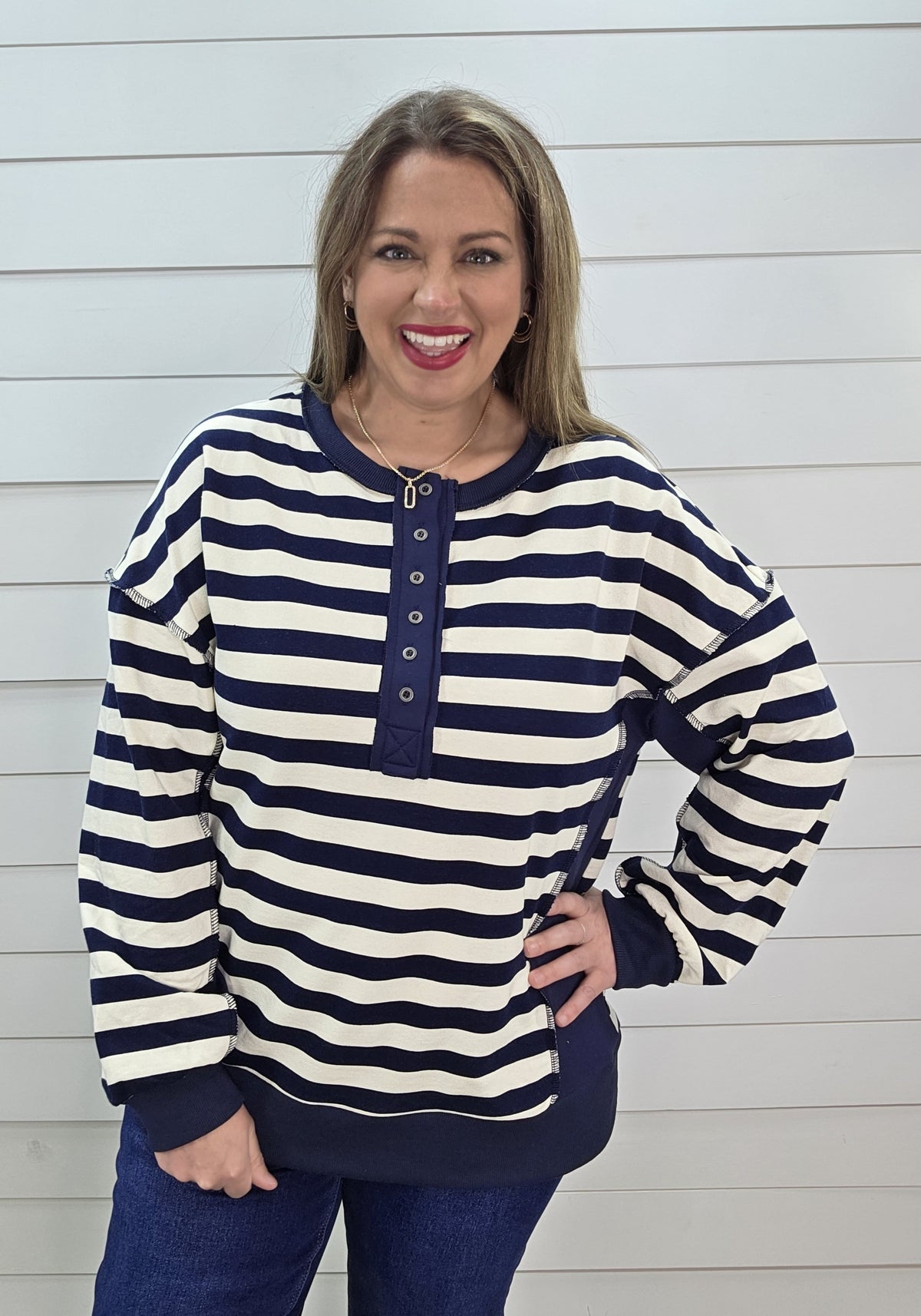 NAVY/CREAM STRIPED CONTRAST FRENCH TERRY PULLOVER