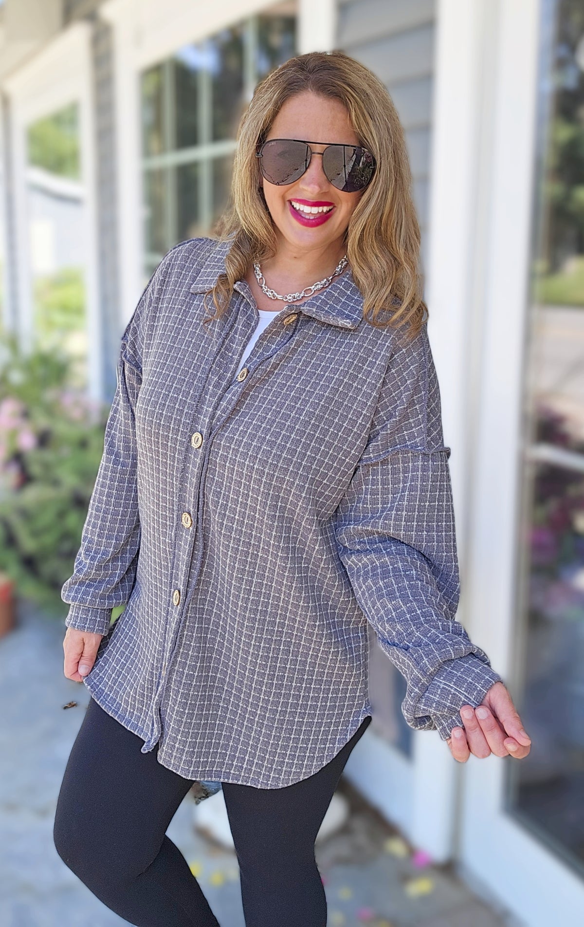 DARK GREY PLAID BUTTON DOWN SOFT KNIT TOP