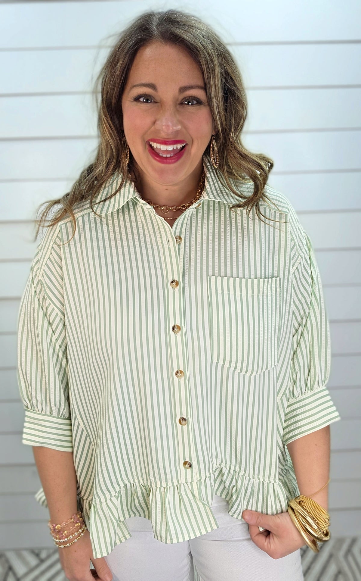 SAGE STRIPED BUTTON DOWN RUFFLE TOP