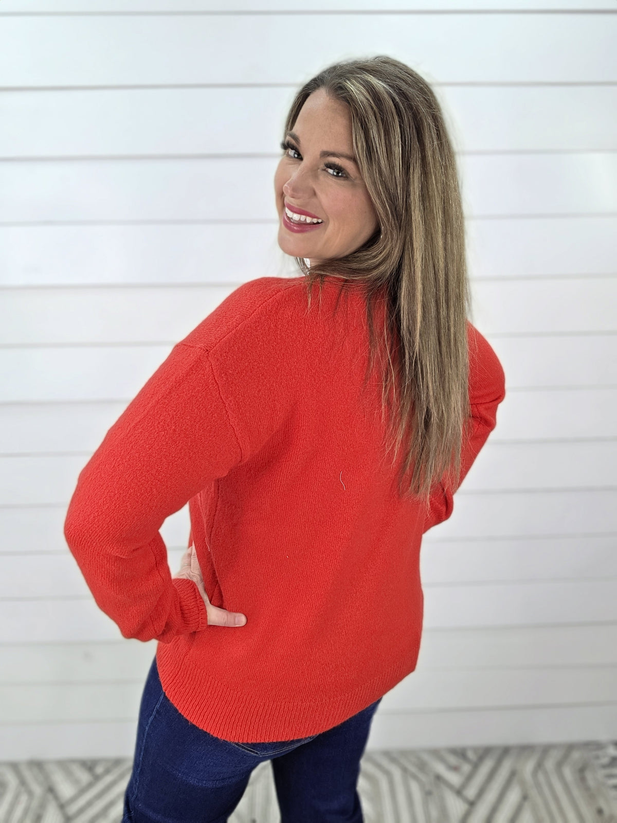 RED SEQUIN TREE KNIT SWEATER