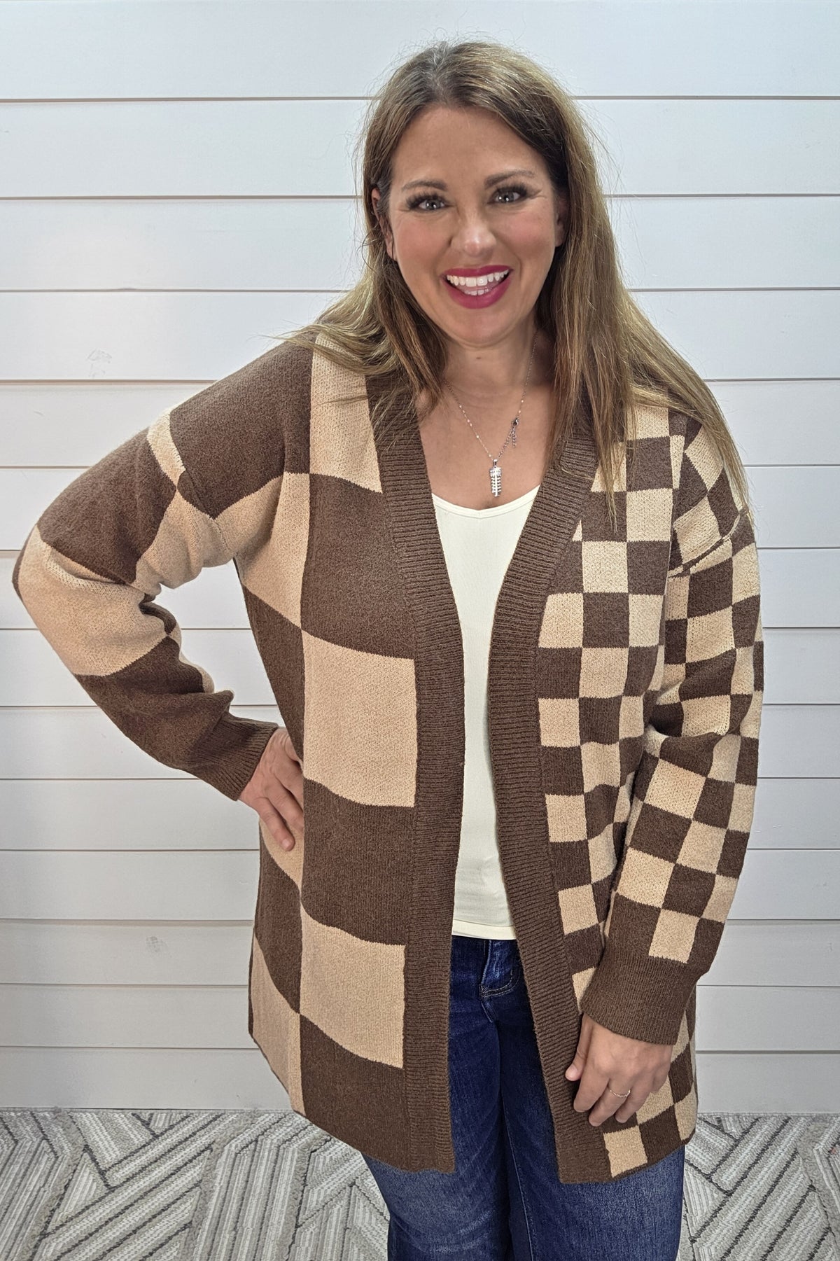 MOCHA/TAUPE CONTRAST CHECKERED CARDIGAN