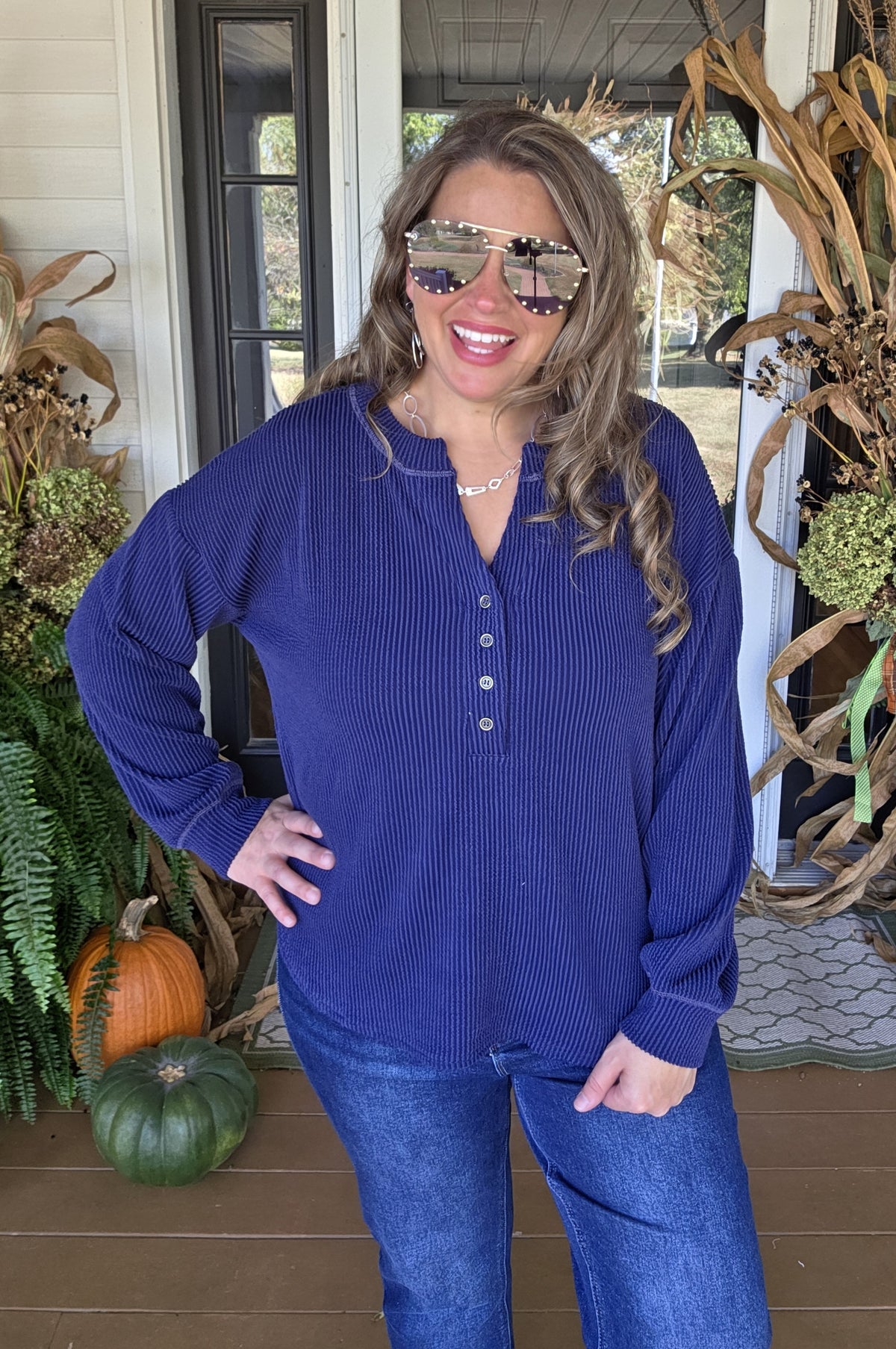 NAVY RAISED RIBBED V NECK HENLEY TOP