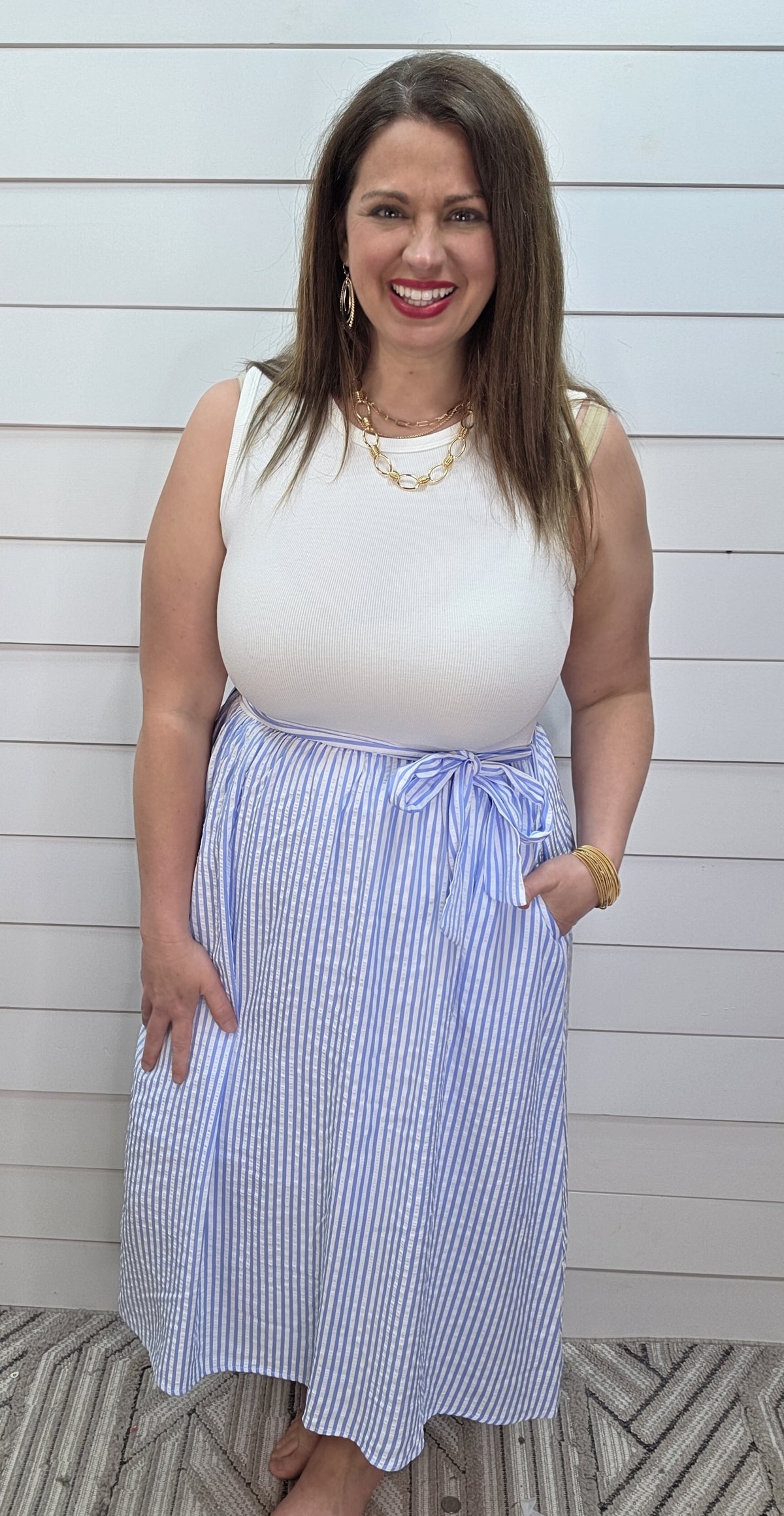 WHITE/SKY BLUE KNIT COMBO STRIPE DRESS