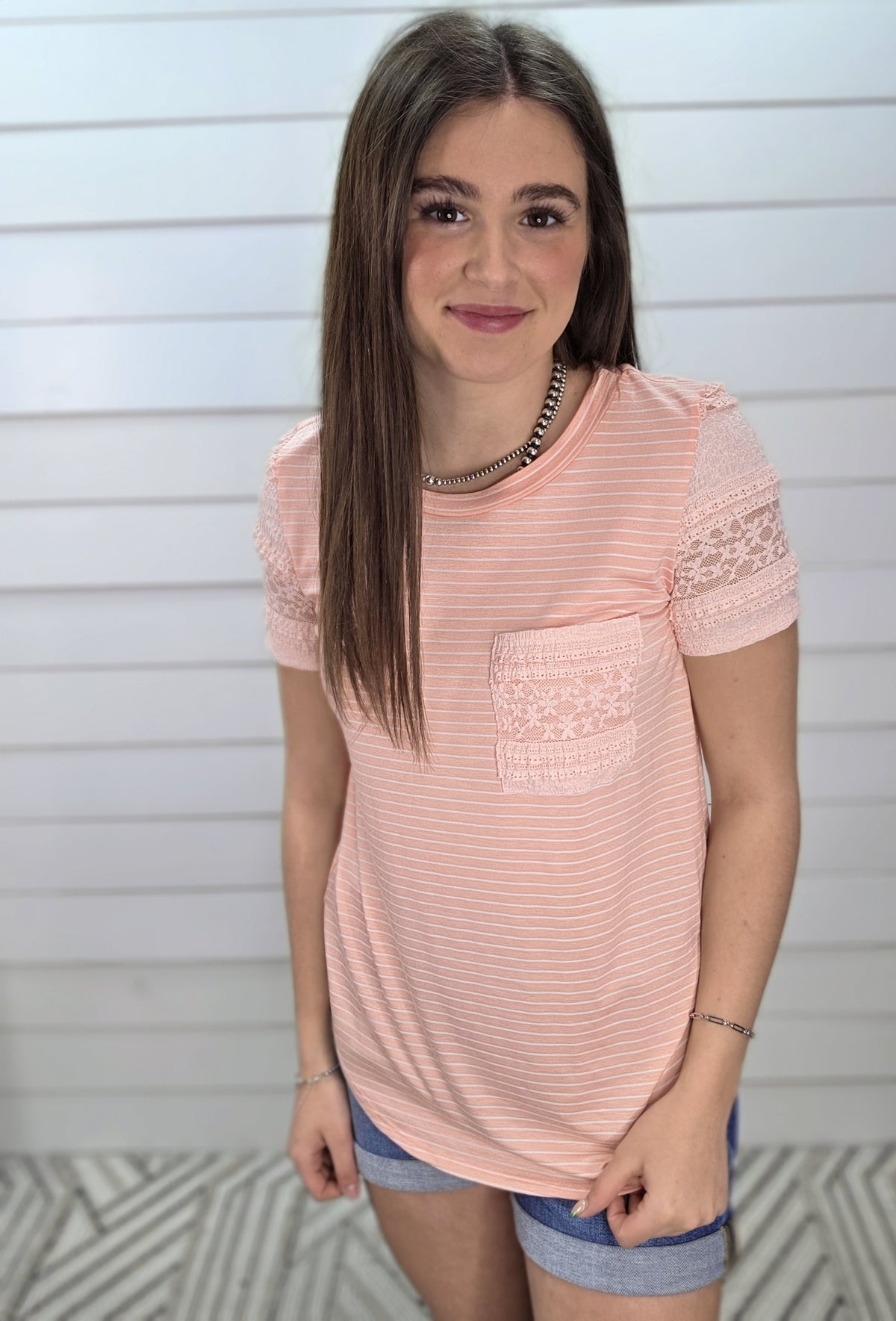 PEACH STRIPED KNIT TOP W/ LACE TRIM