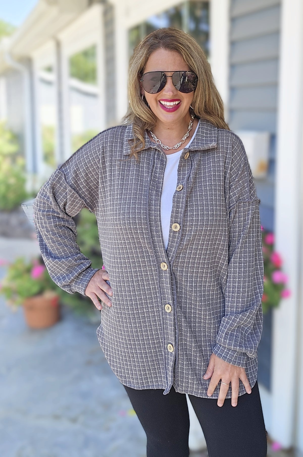 DARK GREY PLAID BUTTON DOWN SOFT KNIT TOP