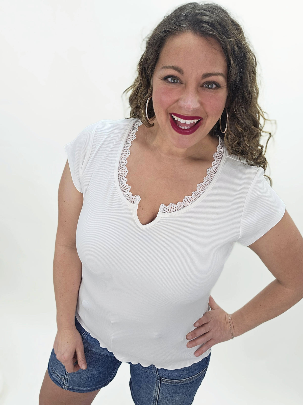 OFF WHITE SOFT RIB SCOOP NECK LACE TRIM TOP