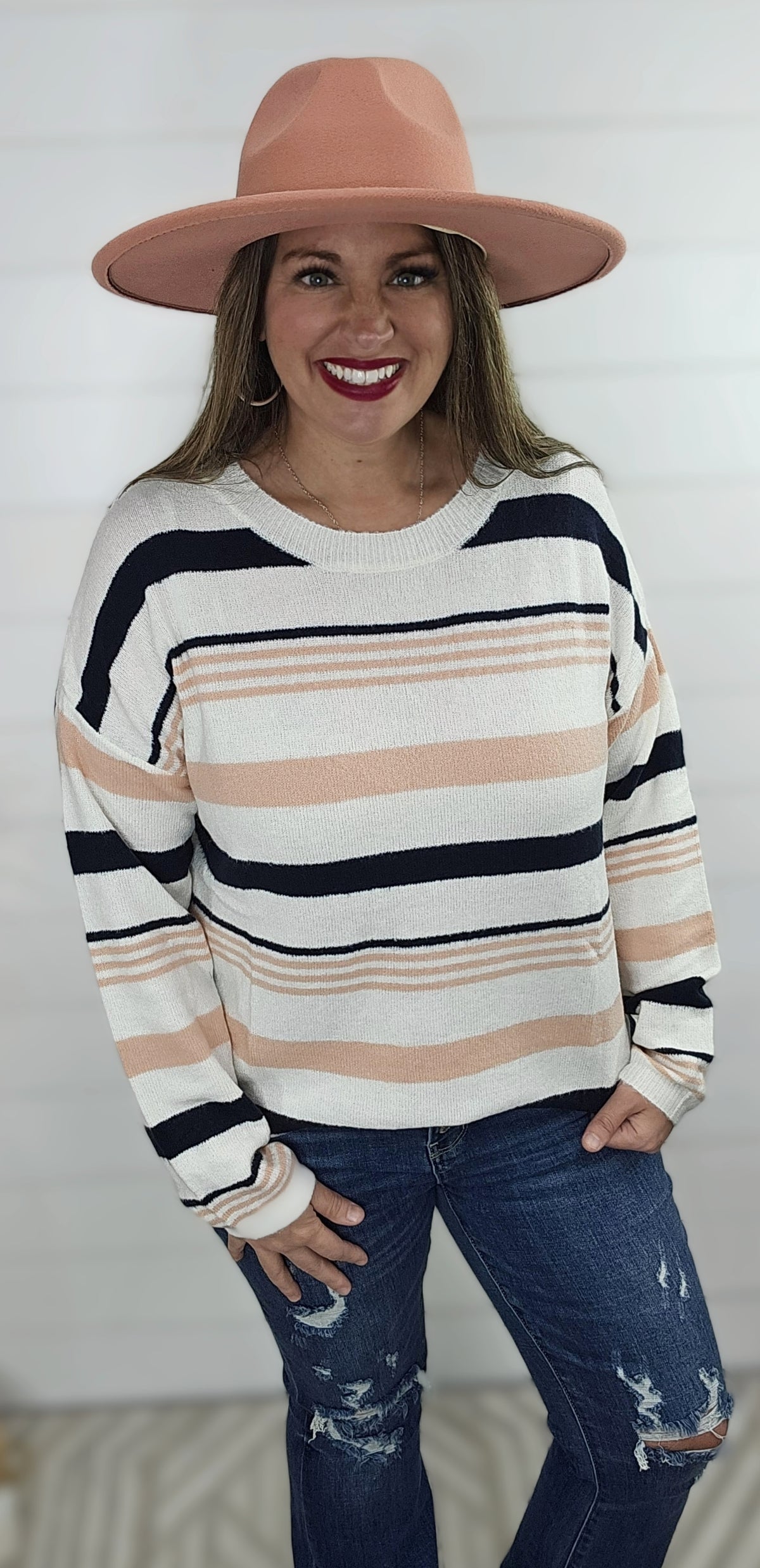 NAVY/PINK STRIPED SOFT KNIT SWEATER