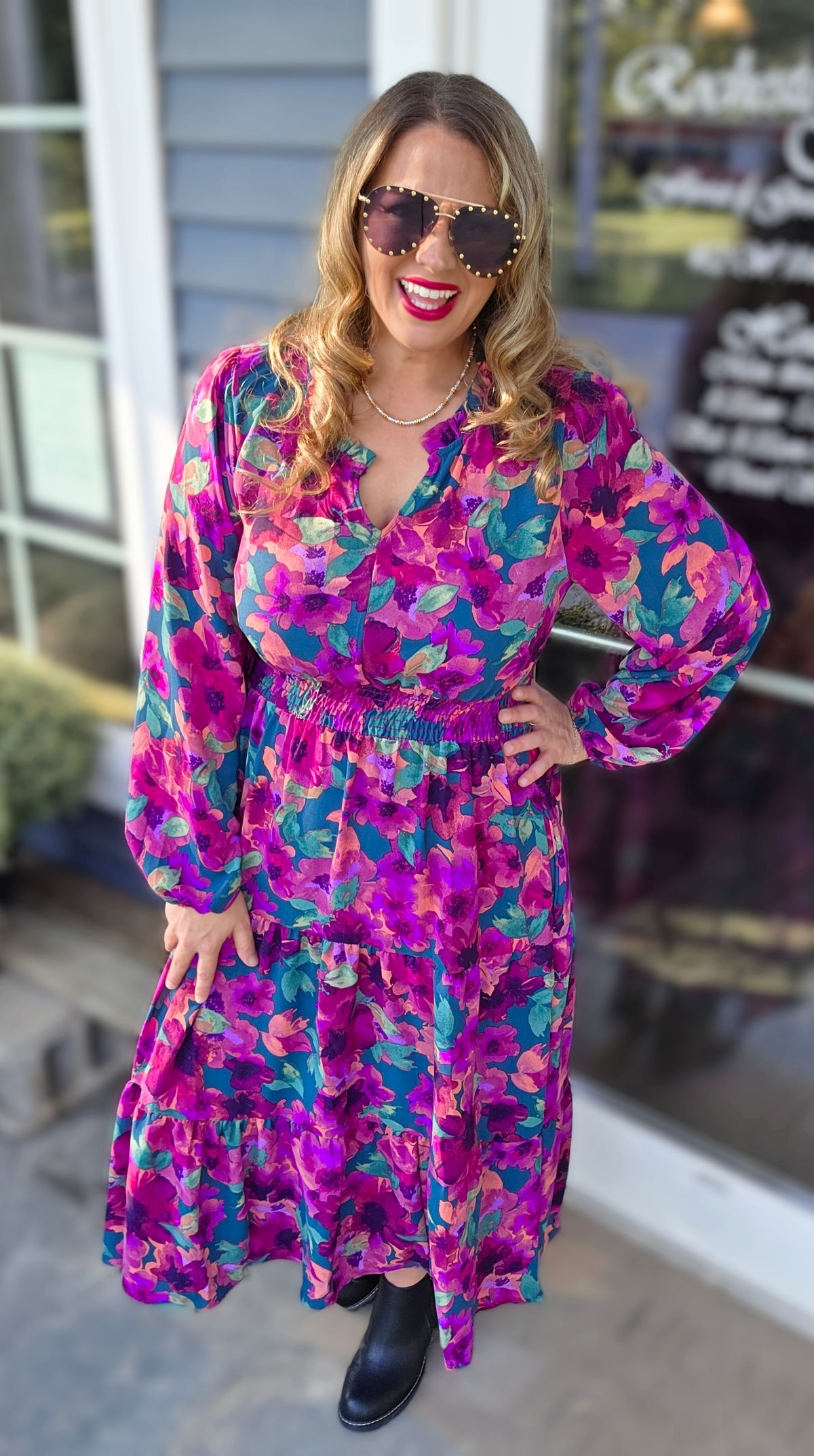 HUNTER GREEN/MAGENTA FLORAL ELASTIC WAIST DRESS