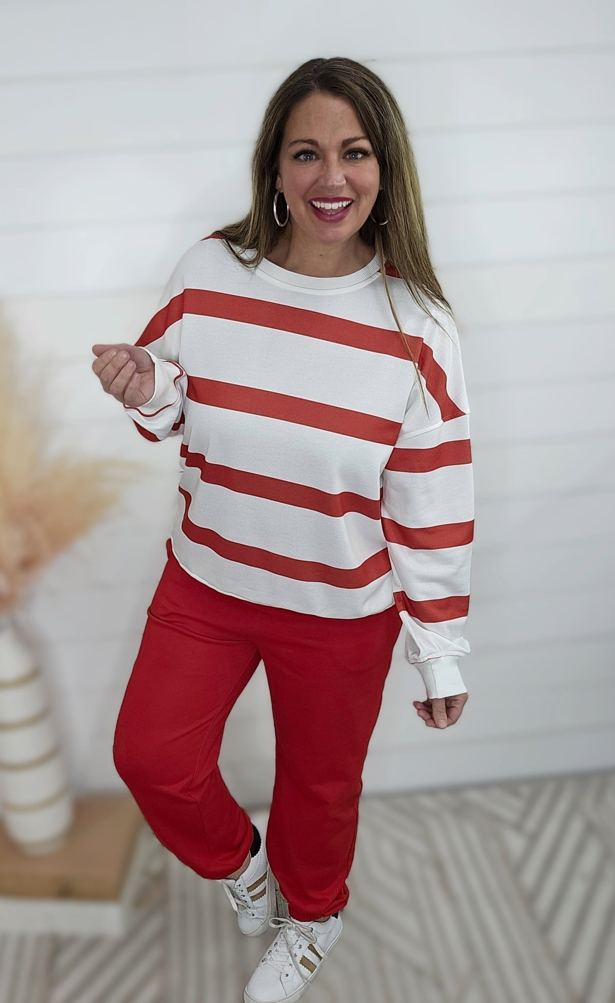 RED STRIPED TOP W/ JOGGER BOTTOM FRENCH TERRY SET