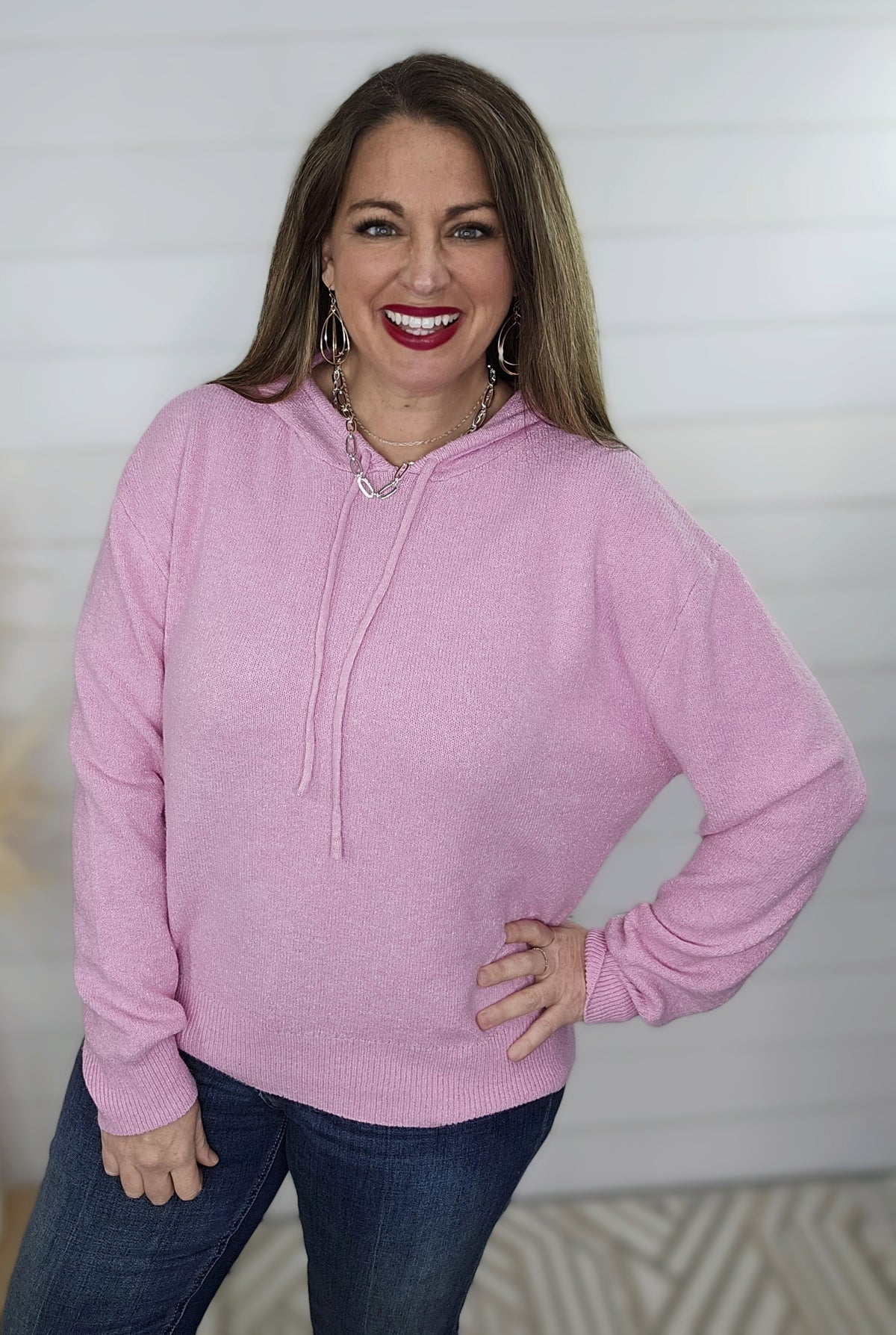 ROSE PINK SWEATER KNIT HOODED TOP