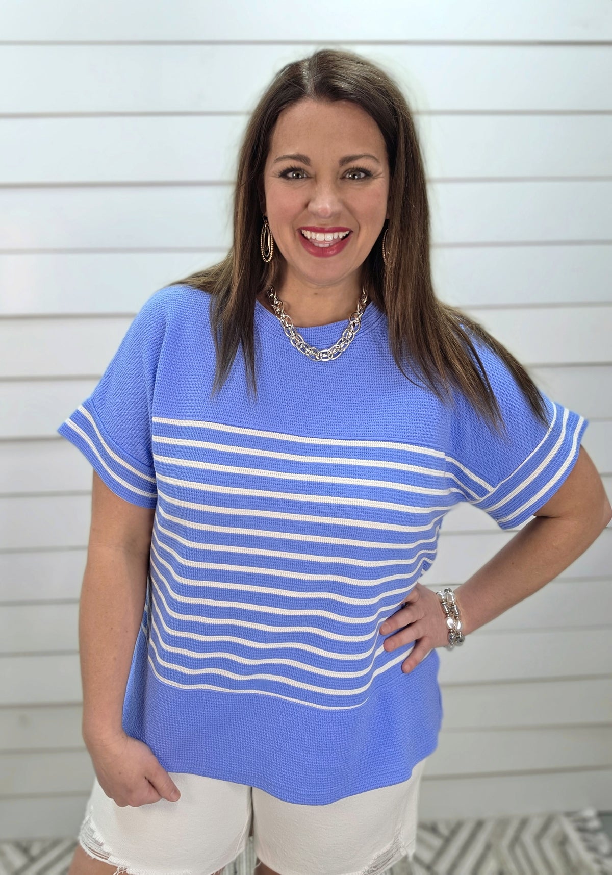 BLUE/WHITE STRIPED CLOUD FABRIC KNIT TOP