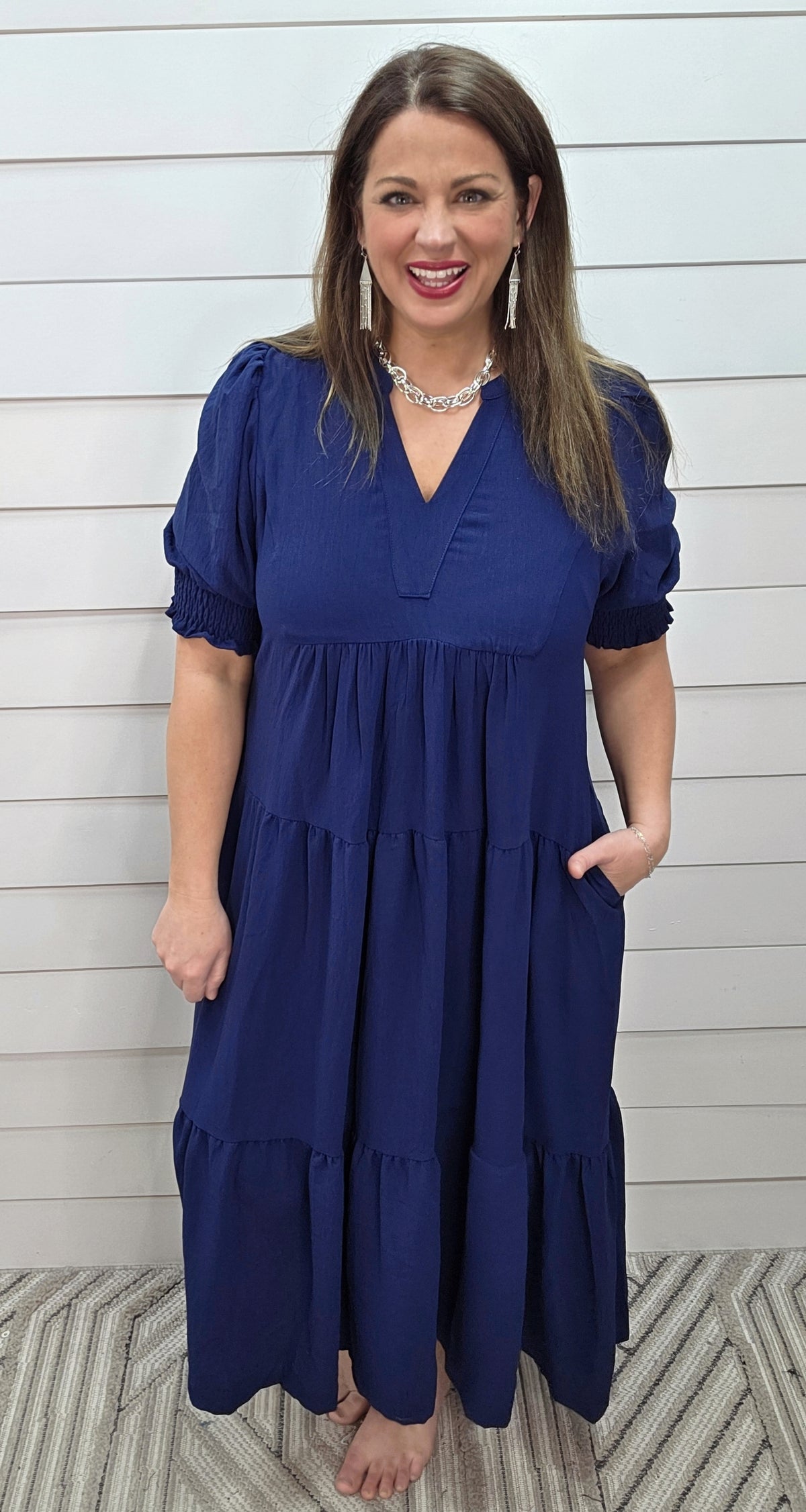 NAVY SOLID V NECK MIDI TIERED DRESS W/ SMOCKED SLEEVE