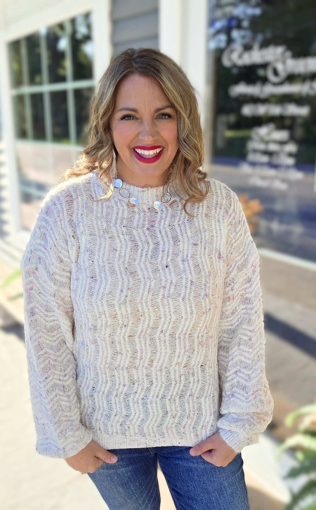 CREAM LOOSE WEAVE KNIT MULTI COLOR THRED SWEATER