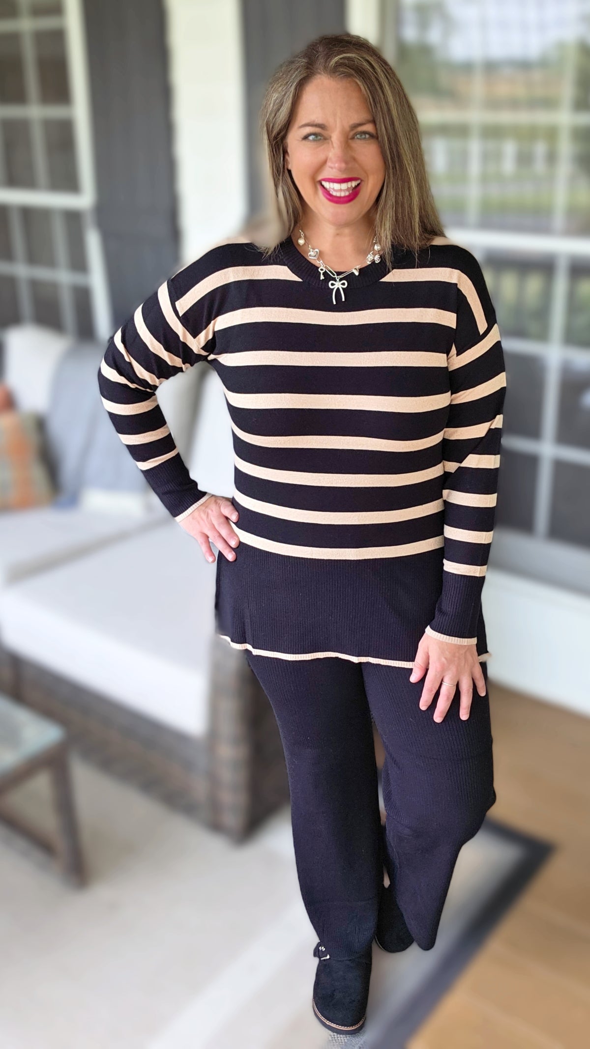 STRIPED LIGHT WEIGHT SWEATER SET - 3 COLORS