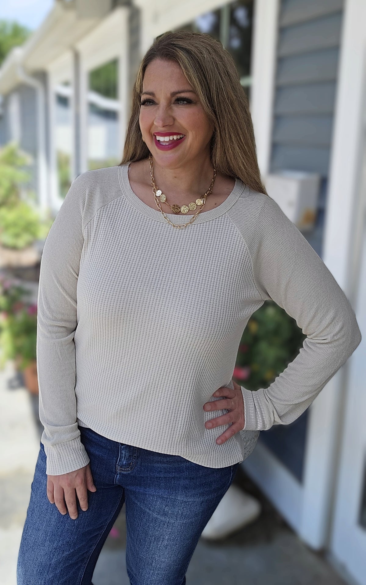 NATURALCONTRAST LONG SLEEVE WAFFLE KNIT TOP