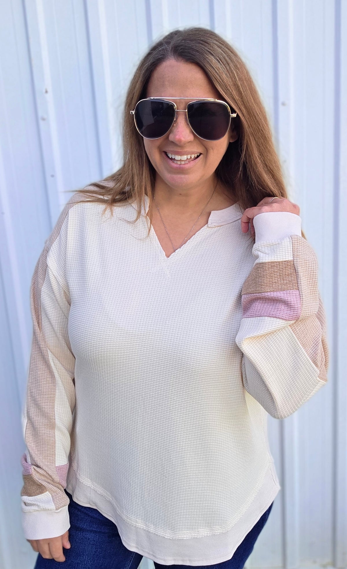 Natural Waffle Texture V Neck Knit top w/ Color Block Sleeves