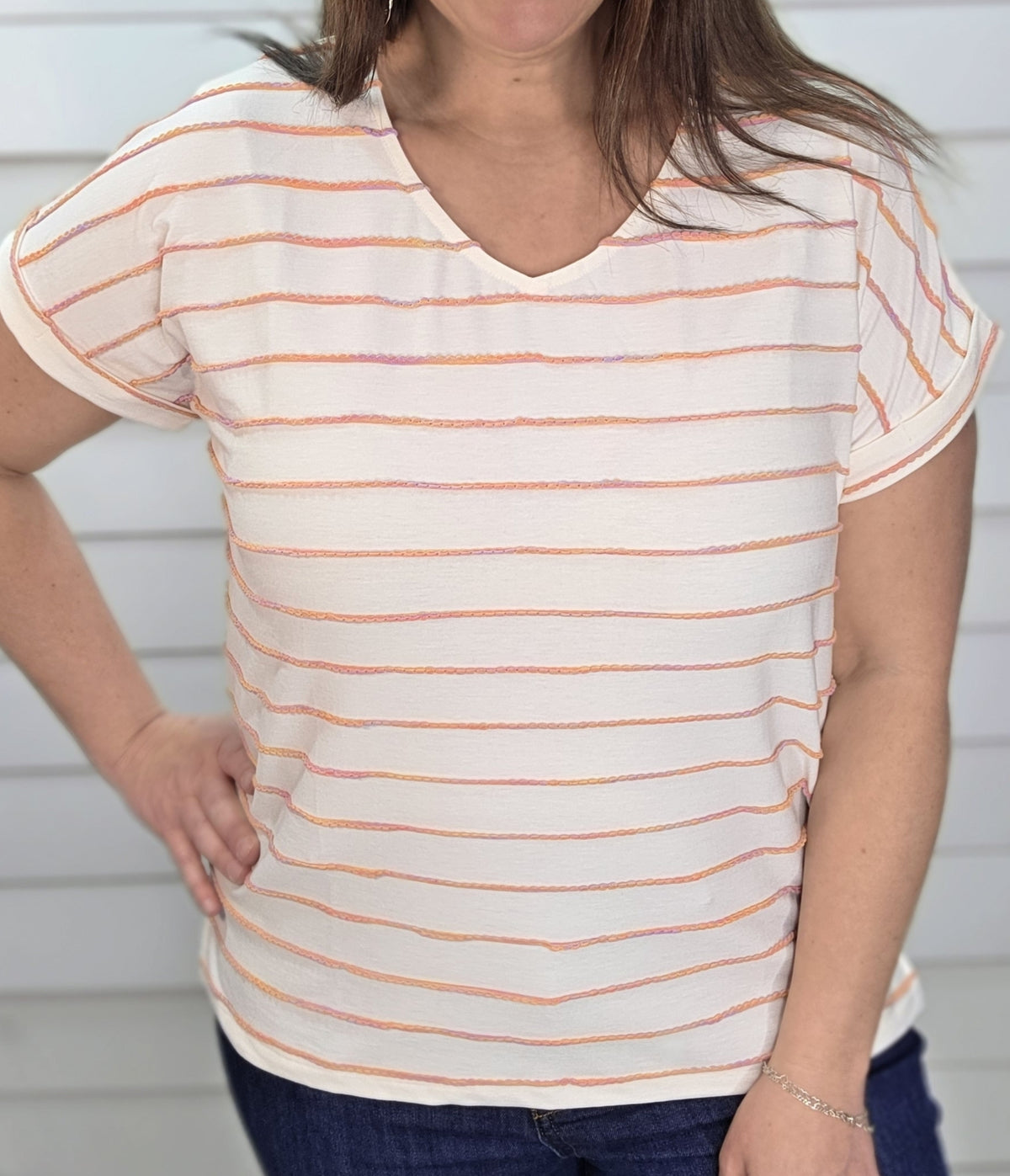 CREAM V NECK KNIT TOP W/ MULTI COLOR THREAD DETAIL