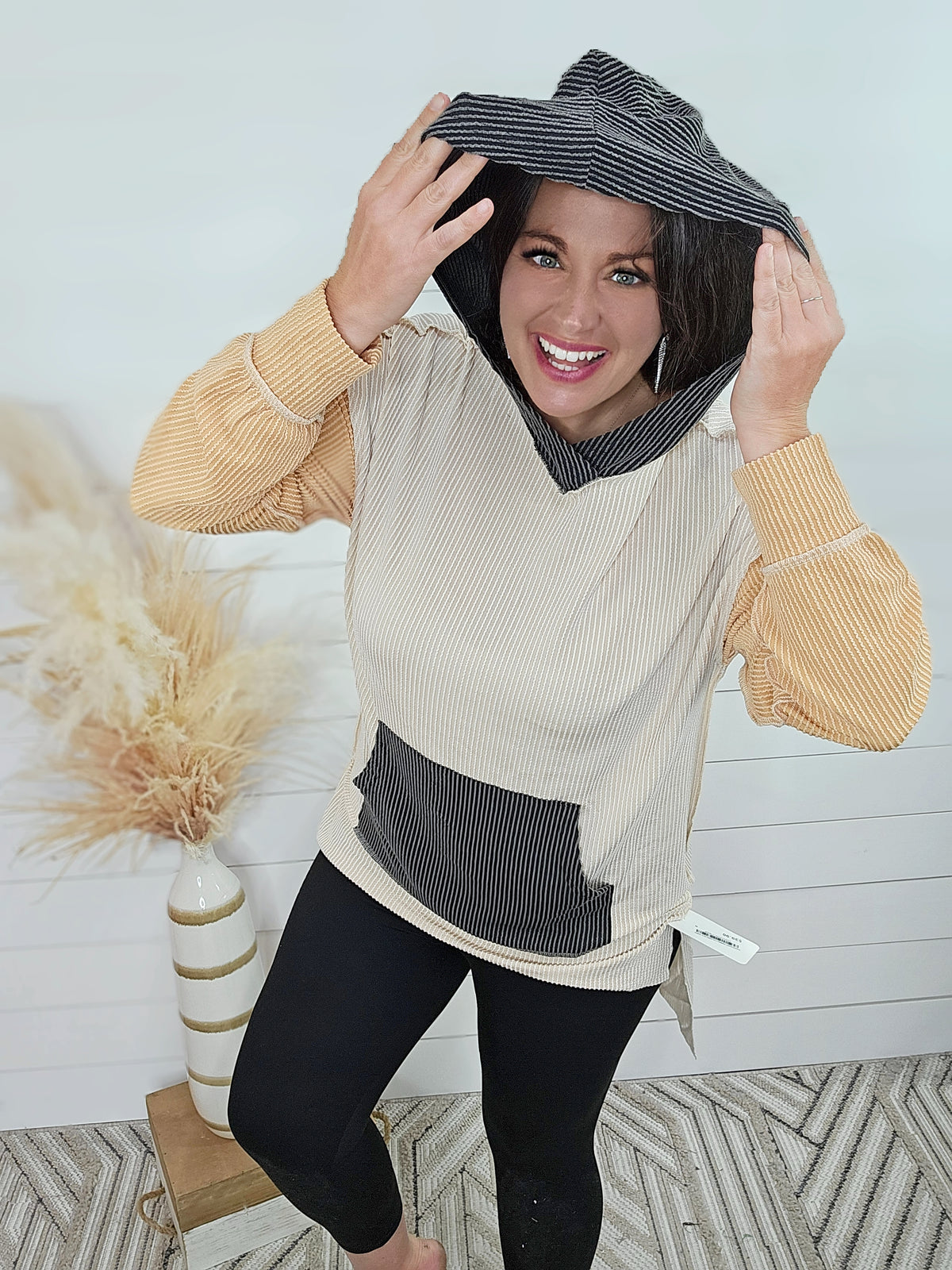 TAUPE/GREY RIBBED COLORBLOCK TUNIC