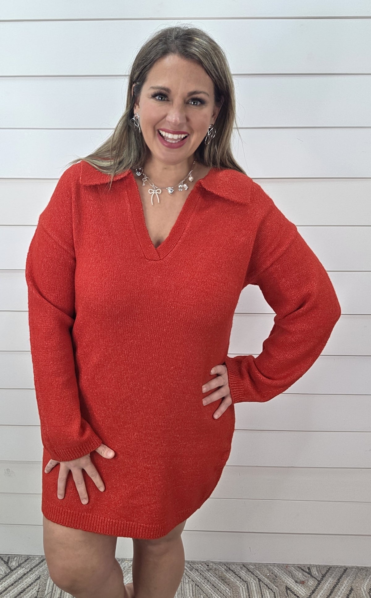 RED V NECK LAY DOWN COLLAR SWEATER DRESS