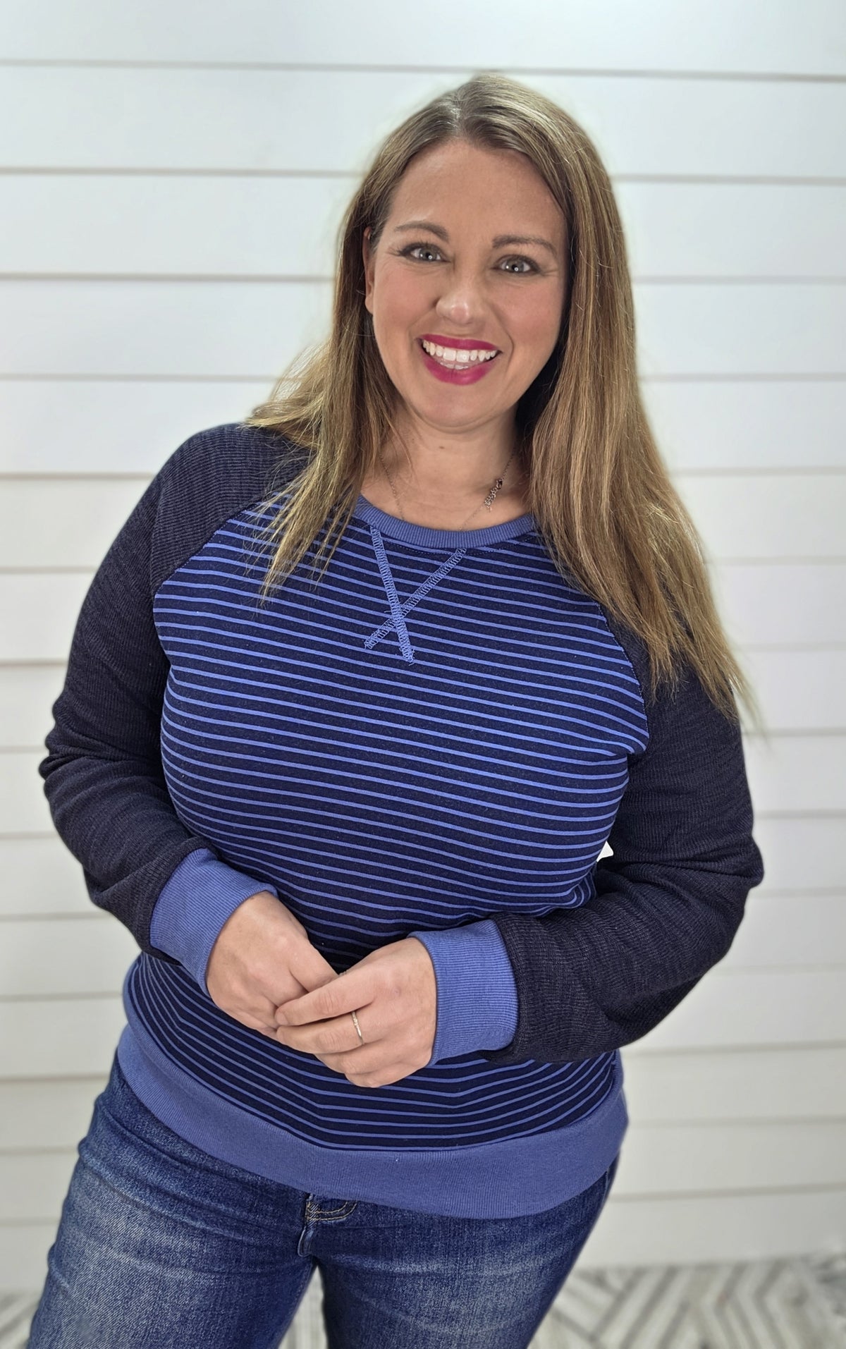 BLUE Crew Neck, Raglan Sleeve, Stripe Mix Media Sweatshirt
