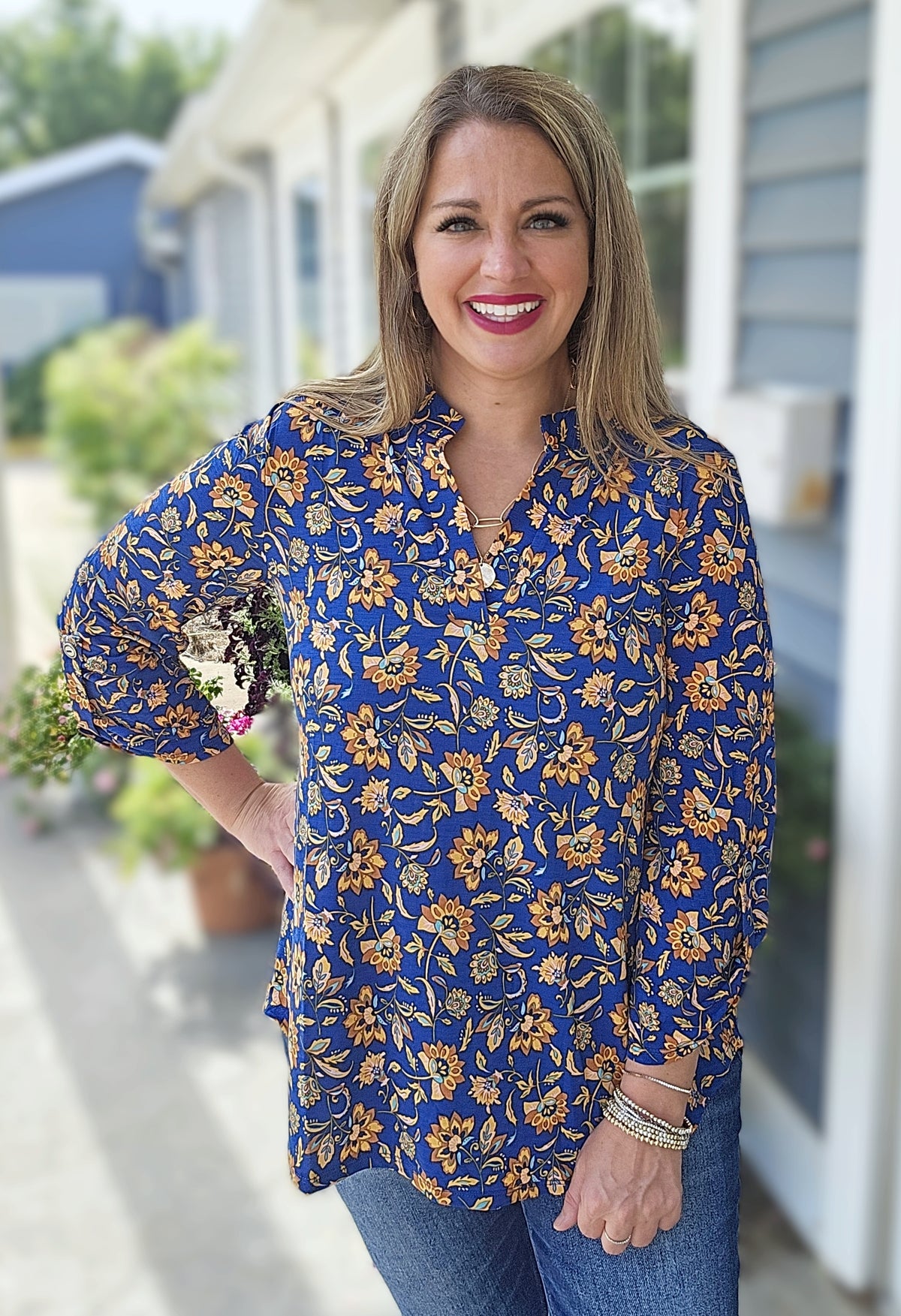 DEAR SCARLETT NAVY/GOLD FLORAL 3/4 SLEEVE LIZZY