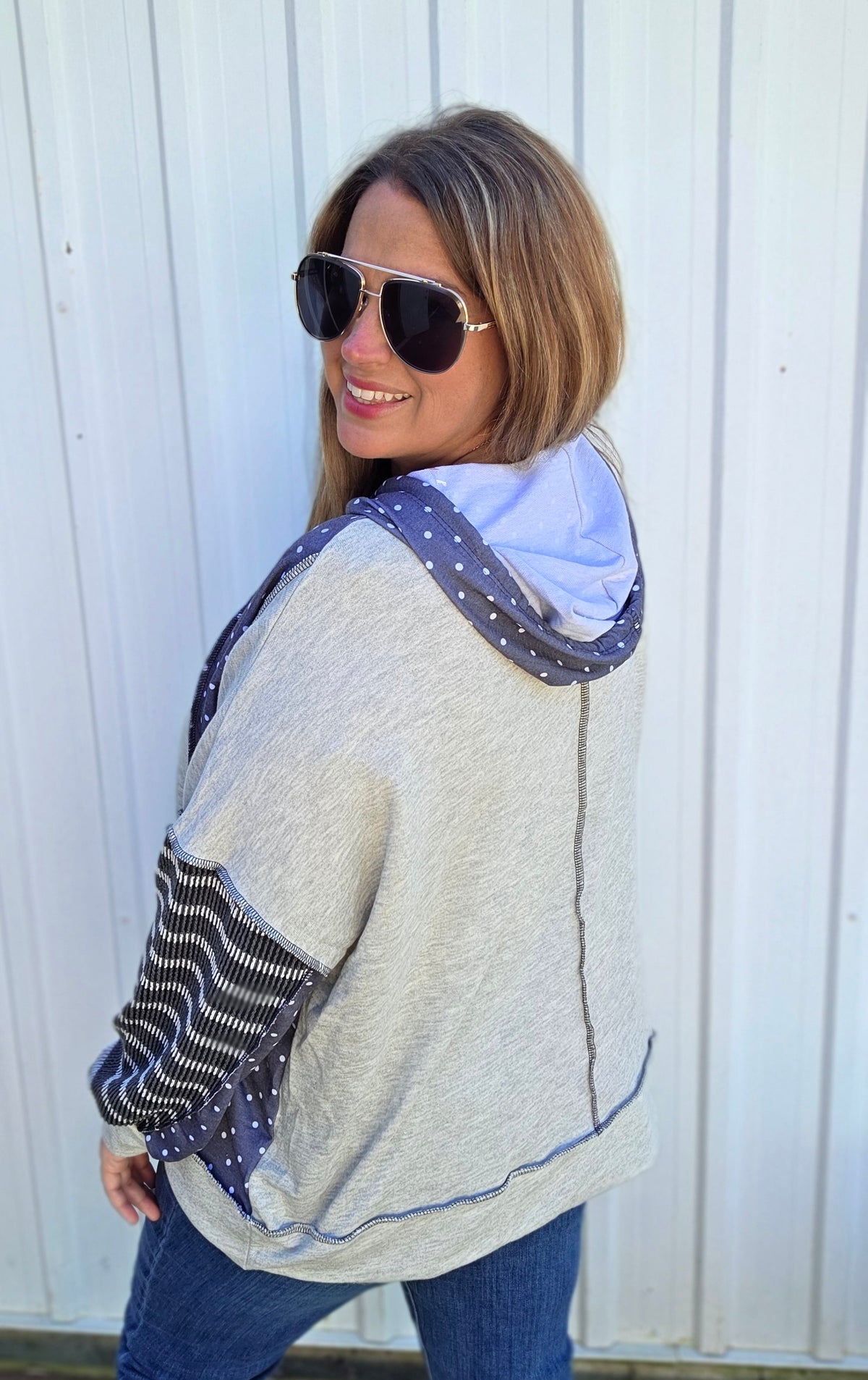 HEATHERED GREY/CHARCOAL Combines Solid French Terry Body With Polka Dot Print Long Sleeves And Striped