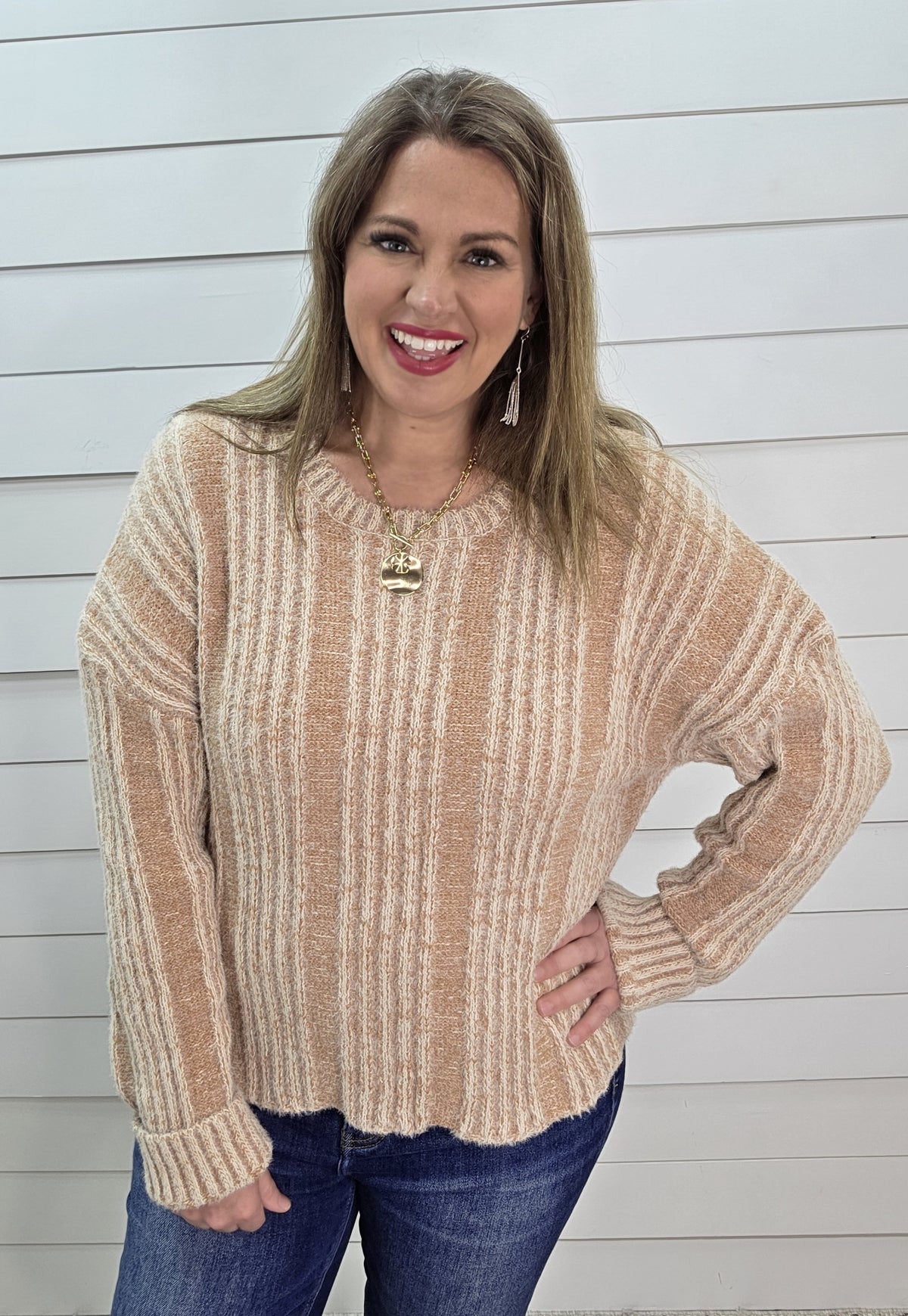 MOCHA FUZZY KNIT TEXTURED PULLOVER SWEATER