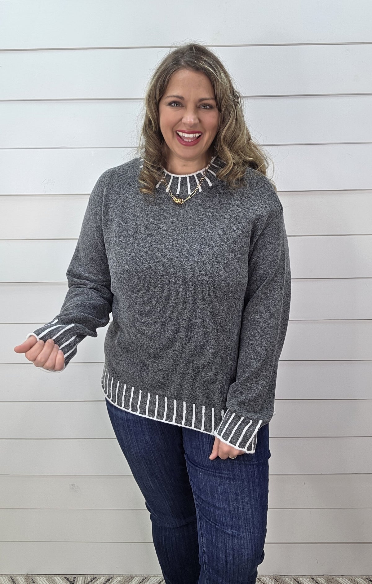 CHARCOAL FAUX STITCH KNIT PULLOVER SWEATER