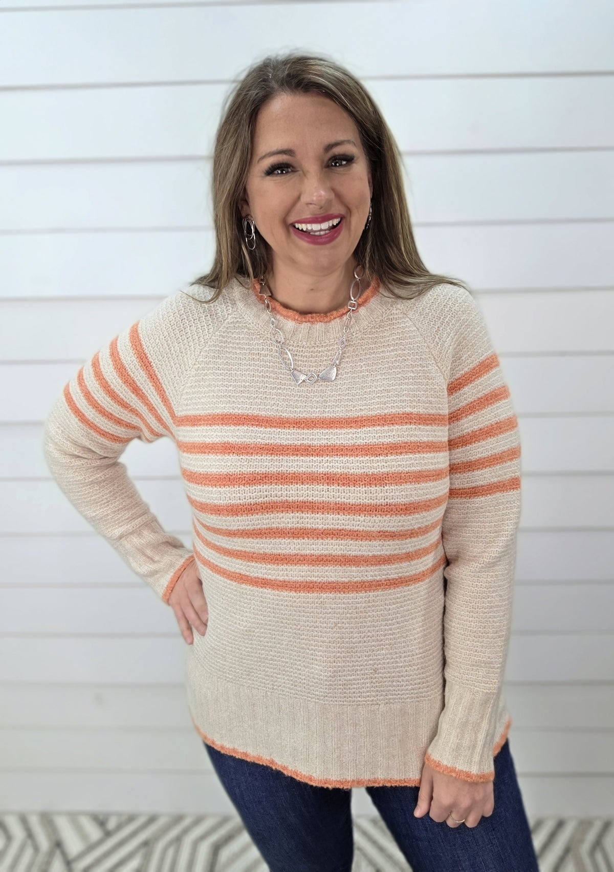ORANGE TEXTURED STRIPED CONTRAST KNIT SWEATER
