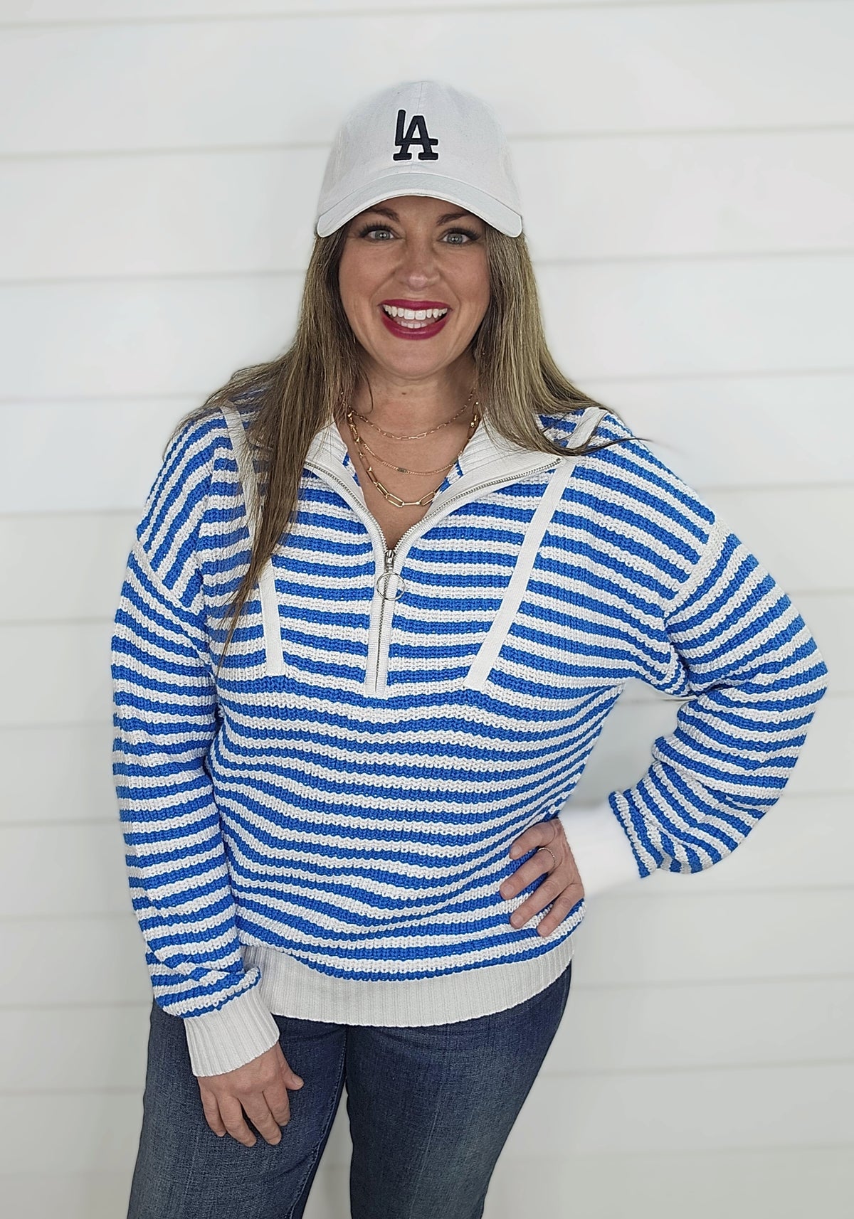 BRIGHT BLUE STRIPED QUARTER ZIP SWEATER