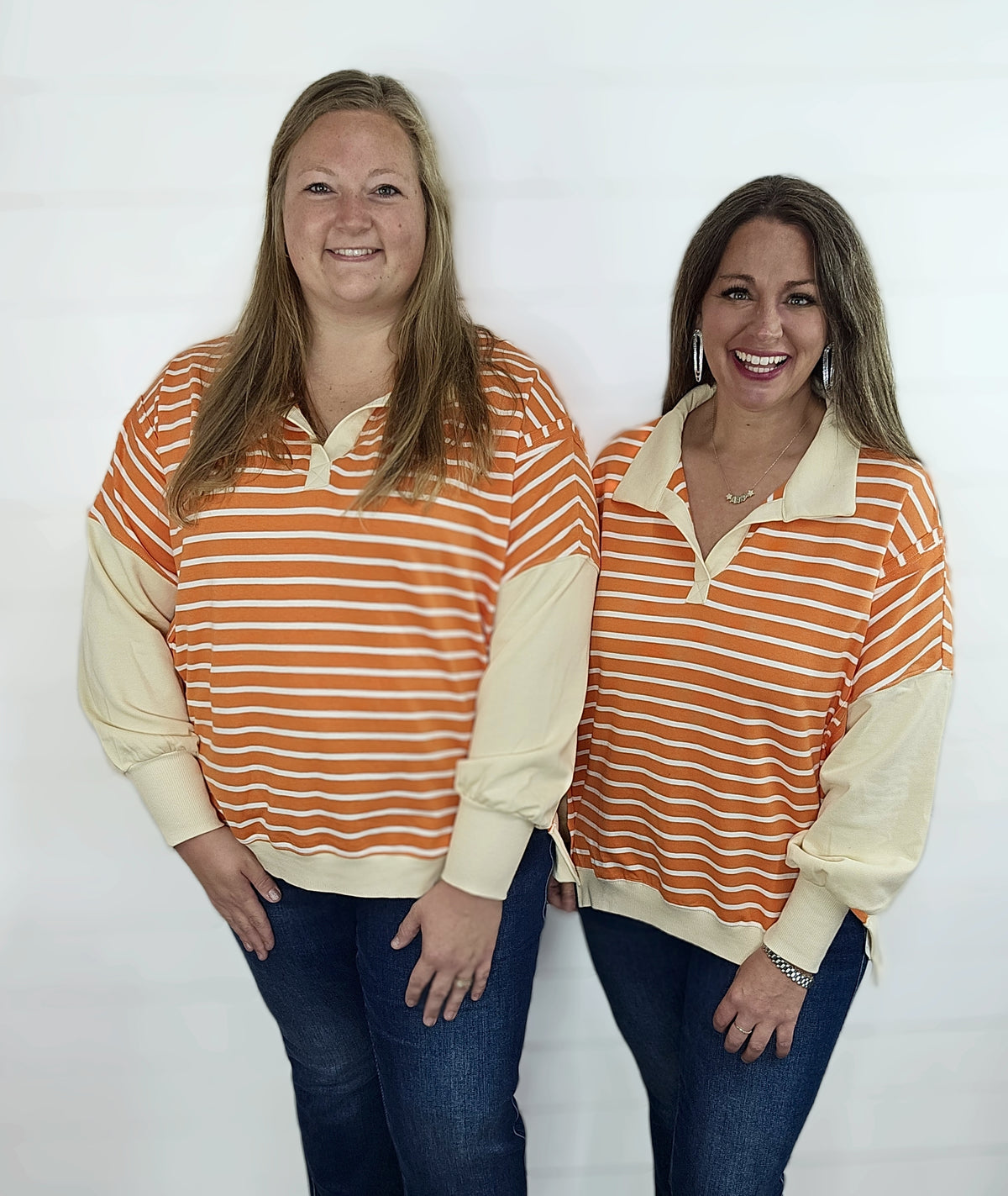 ORANGE STRIPED COLLARED DROP SHOULDER TOP