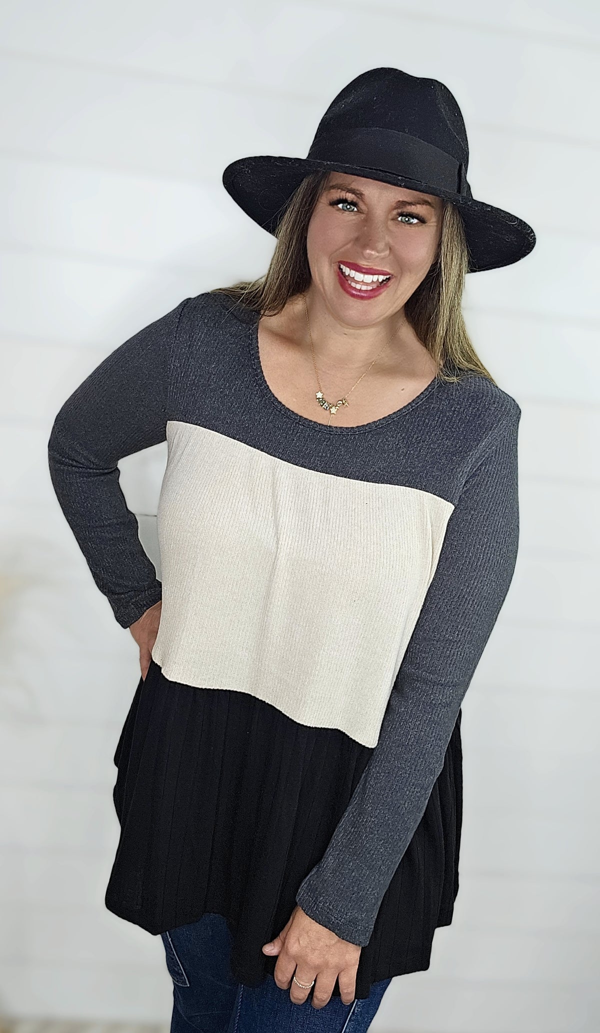 CHARCOAL/OATMEAL COLORBLOCK BRUSHED RIBBED TOP