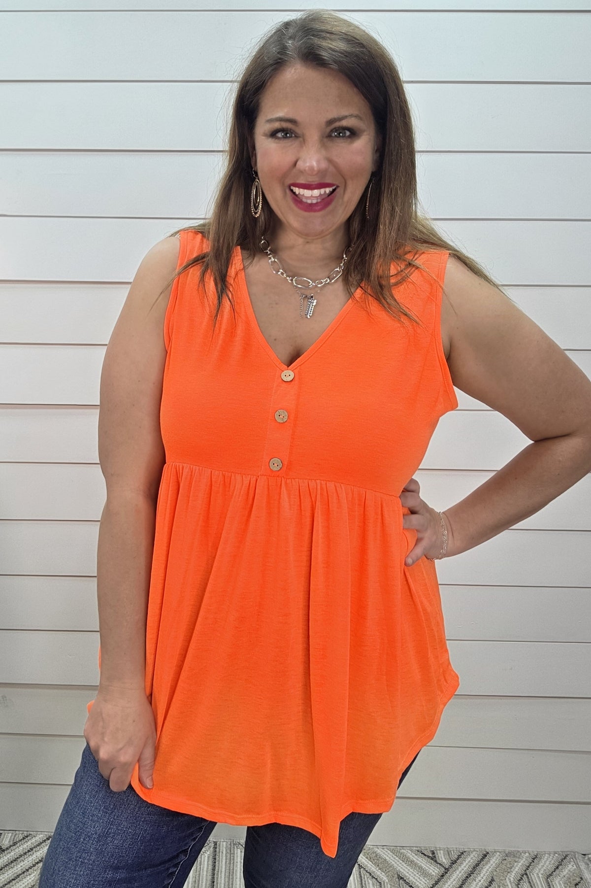 NEON ORANGE FAUX BUTTON BABYDOLL TANK