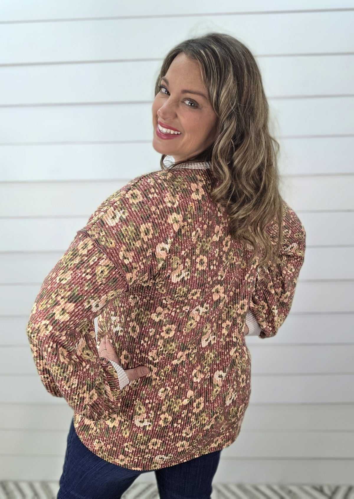 MARSALA FLORAL RAISED RIBBED HENLEY KNIT TOP