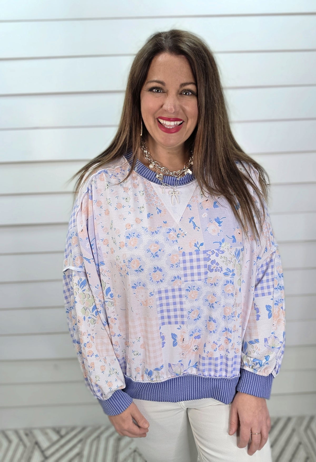 LIGHT BLUE PATCHWORK OVERSIZED LOOSE FIT KNIT TOP