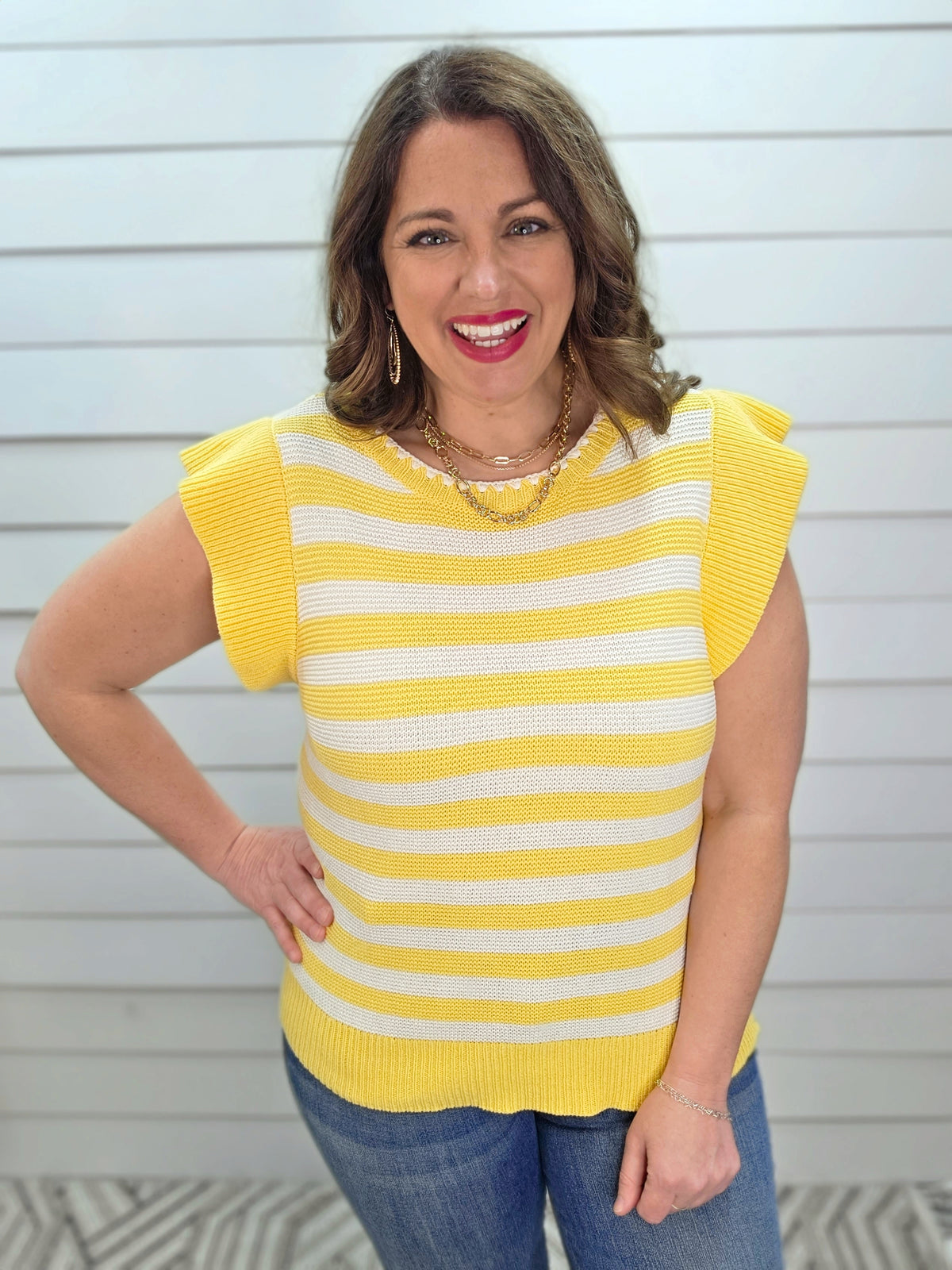 YELLOW/WHITE STRIPED SWEATER KNIT W/ RUFFLE SLEEVE